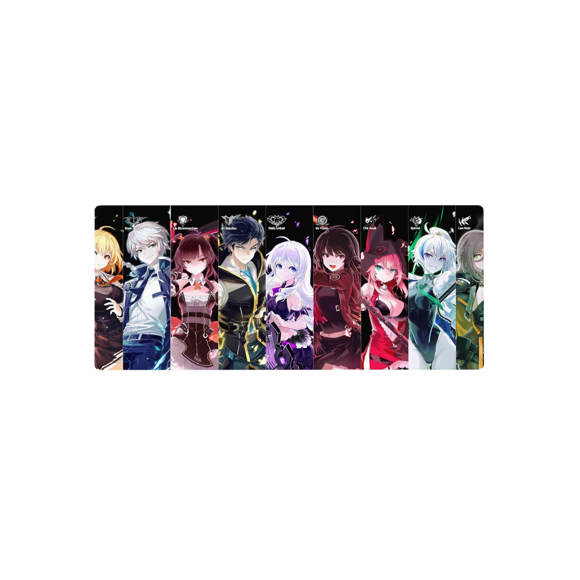 28x12 inches anime girl mouse pad with neon lineup of characters on black, gamer desk extended mat.