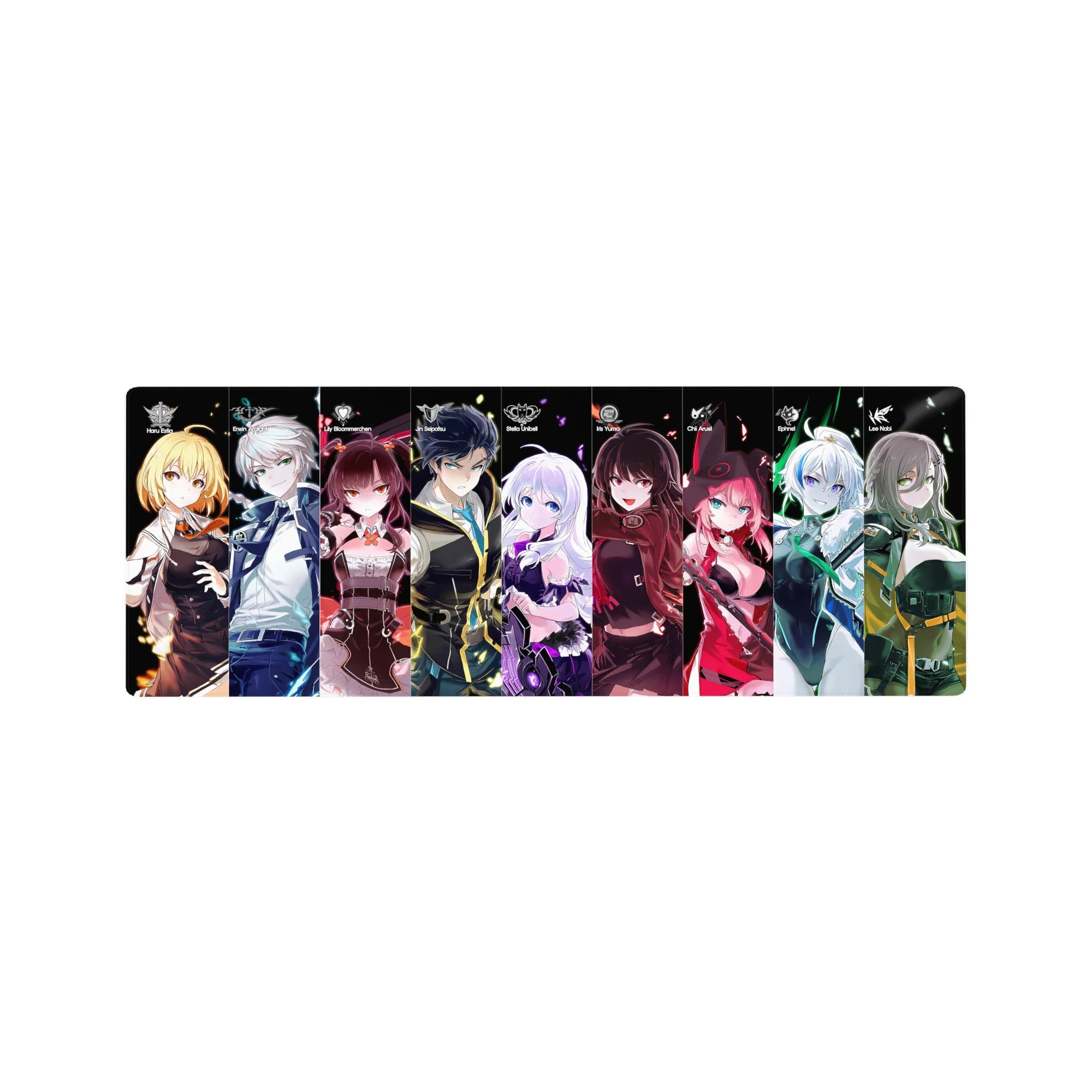 32x12 inches anime girl mouse pad with neon lineup of characters on black, frills, hood, and armor details.