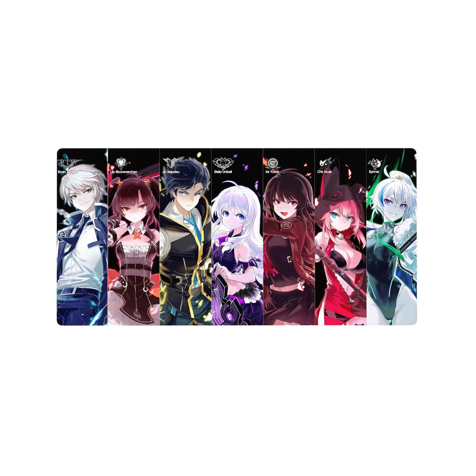 32x16 inches anime girl mouse pad with neon lineup of characters on black, gaming desk mat design.