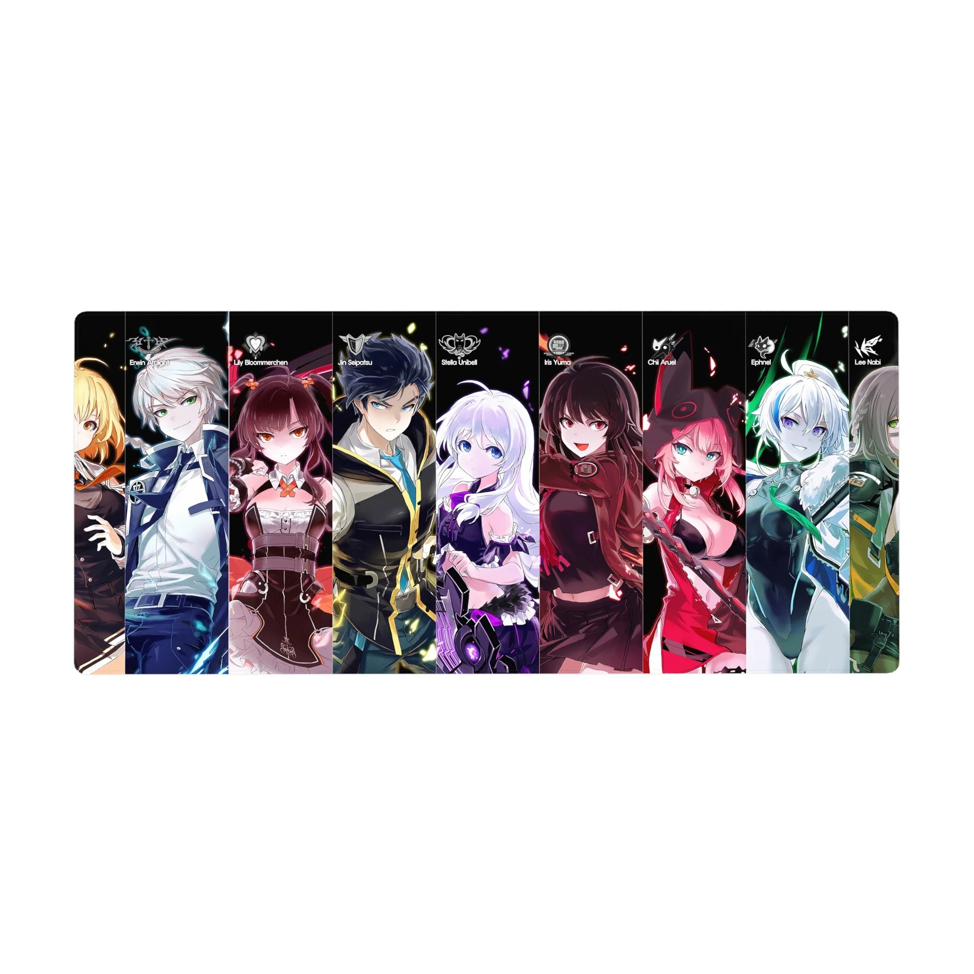 36x16 inches anime girl desk pad with neon lineup of characters on black, gaming mouse mat.