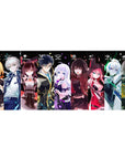 36x16 inches anime girl desk pad with neon lineup of characters on black, gaming mouse mat.