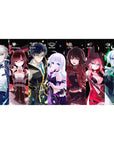 40x20 inches anime girl desk pad with neon lineup of characters on black, gaming mouse pad.
