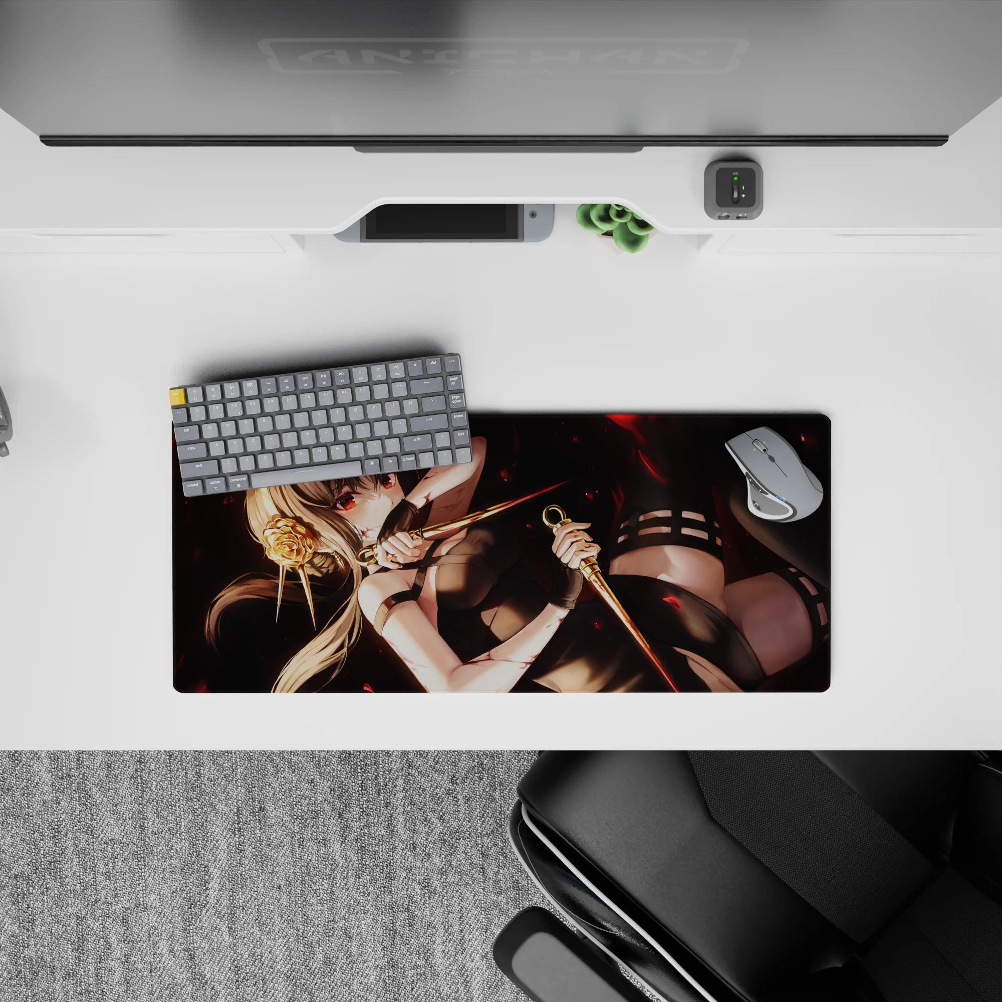 Smoky black anime girl mouse pad 28x12 inches with crimson eyes, red petals, and luxe gold accents.