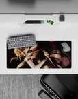 Smoky black anime girl mouse pad 28x12 inches with crimson eyes, red petals, and luxe gold accents.