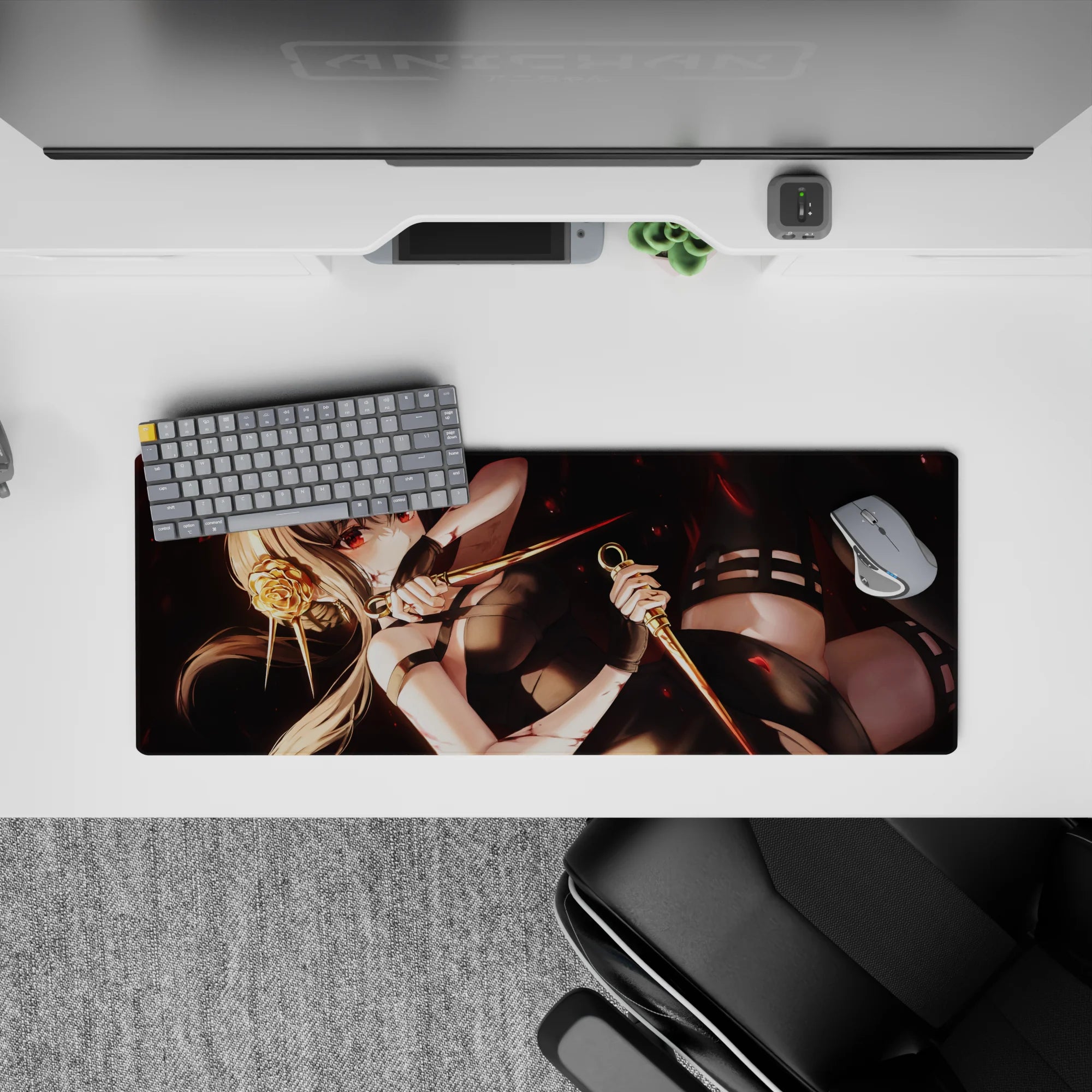 32x12 inches anime girl mouse pad in smoky black with crimson eyes and drifting red petals, cinematic vibe.