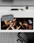 32x12 inches anime girl mouse pad in smoky black with crimson eyes and drifting red petals, cinematic vibe.