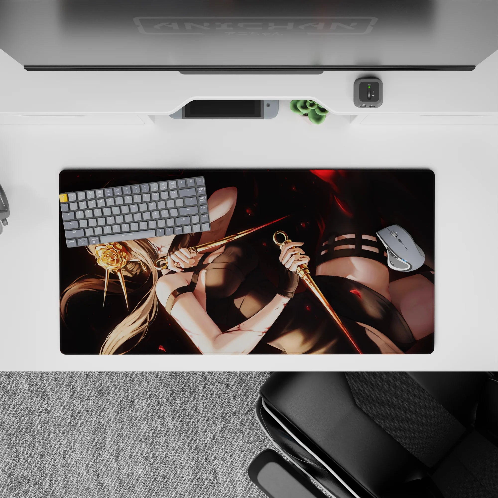 Anime girl mouse pad 32x16 inches in smoky black with crimson glow eyes and drifting red petals, cinematic.