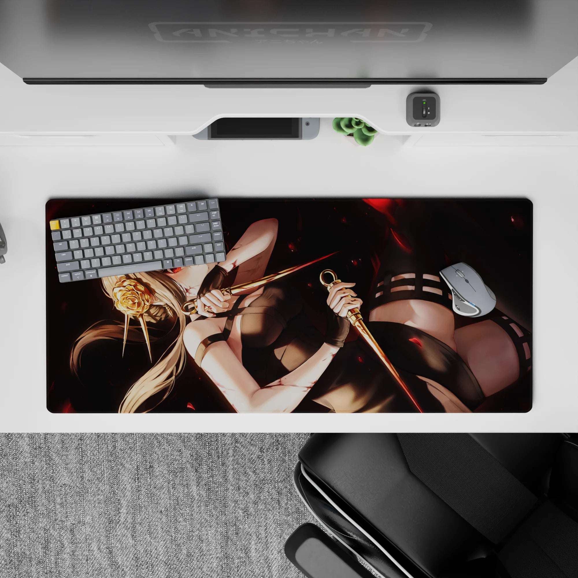 Moody crimson-glow anime desk pad 36x16 inches in black and red with luxe gold rose pin and satin outfit.