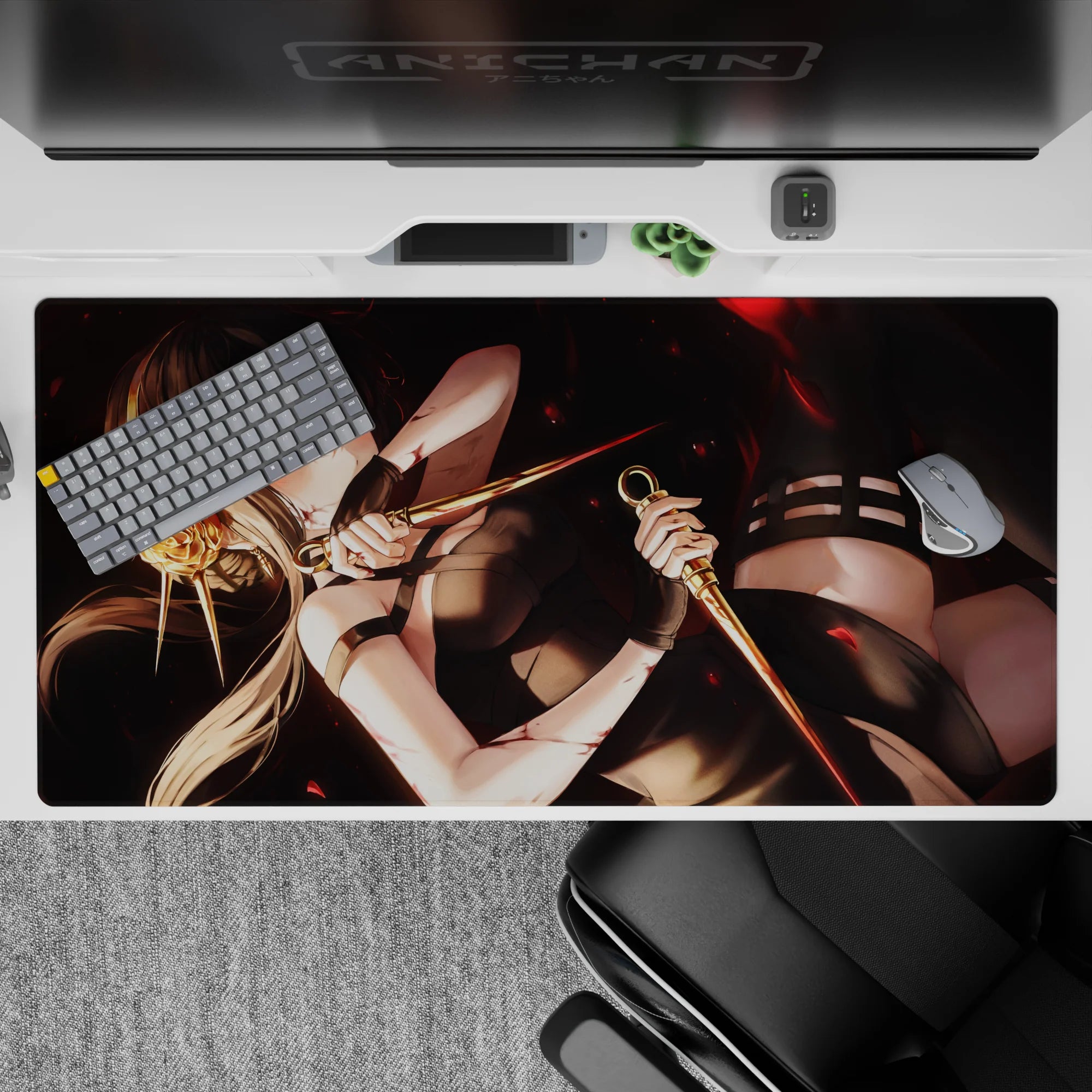 Smoky black 40x20 inches anime desk pad with crimson eyes, red petals, and luxe gold accents.