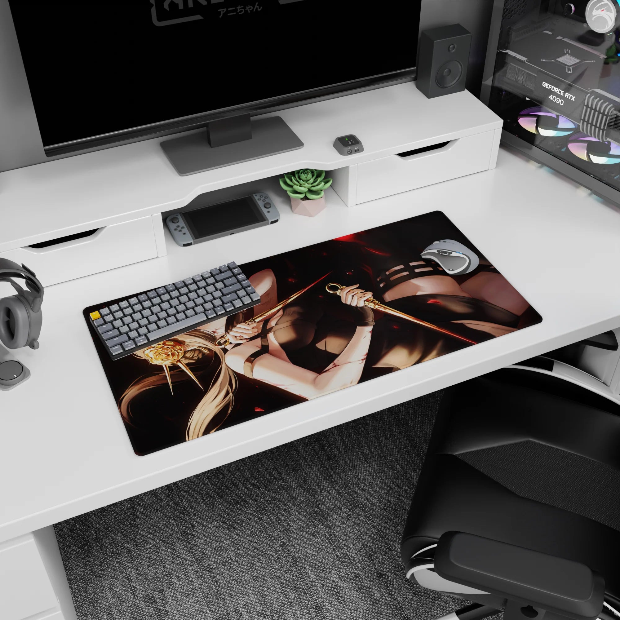 Anime girl mouse pad 32x16 inches showing sultry battle-ready girl gripping twin daggers, relaxed but dangerous.