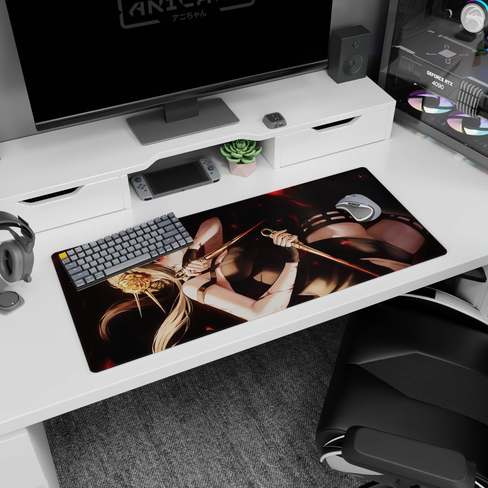 Battle-ready anime girl desk pad 36x16 inches, red eyes glowing as she grips twin daggers amid drifting petals.