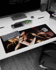 Battle-ready anime girl desk pad 36x16 inches, red eyes glowing as she grips twin daggers amid drifting petals.