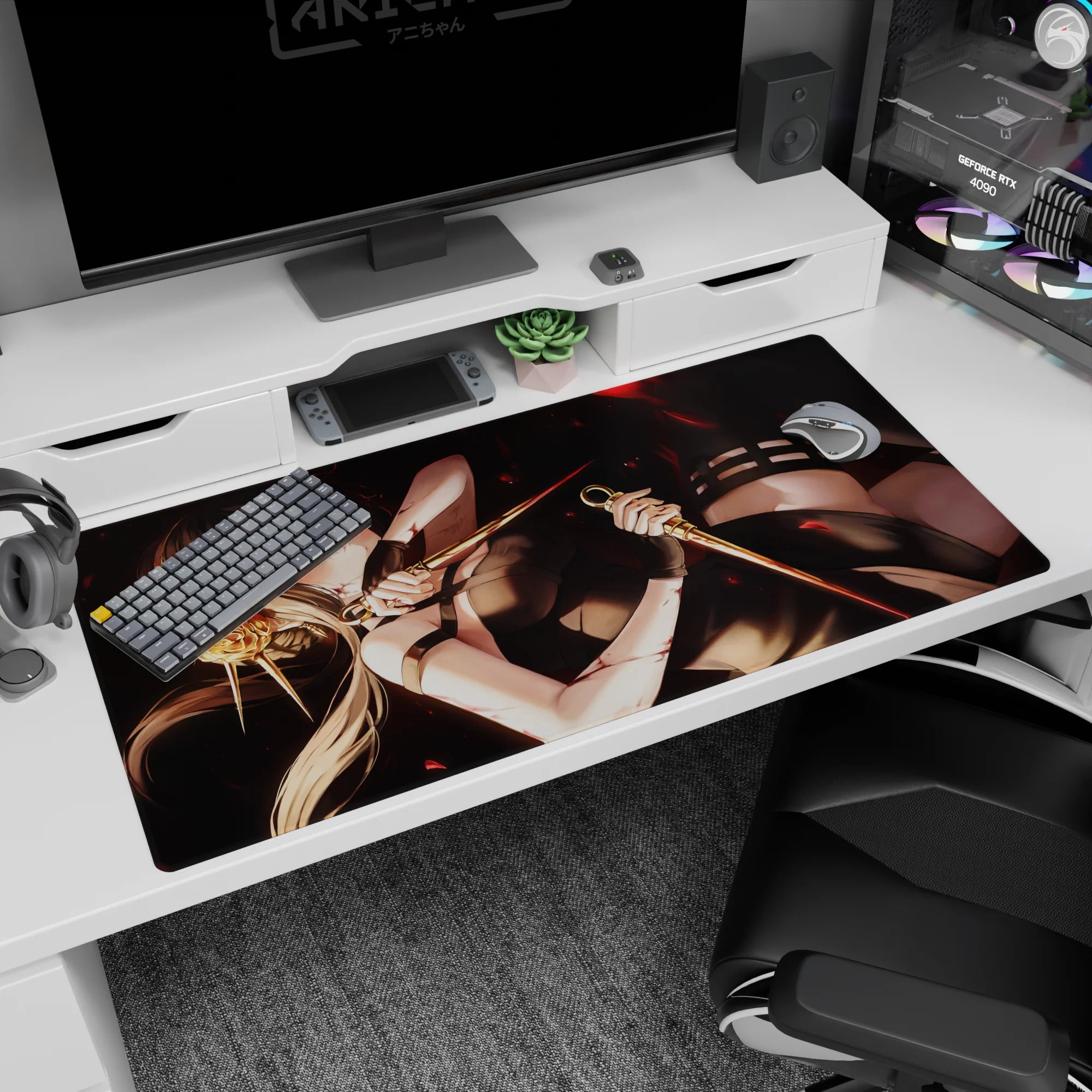 40x20 inches anime girl desk pad showing a relaxed assassin with twin daggers on a dark, cinematic backdrop.