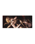 Anime girl mouse pad 28x12 inches with ash-blonde warrior, twin daggers, and red petals on black.