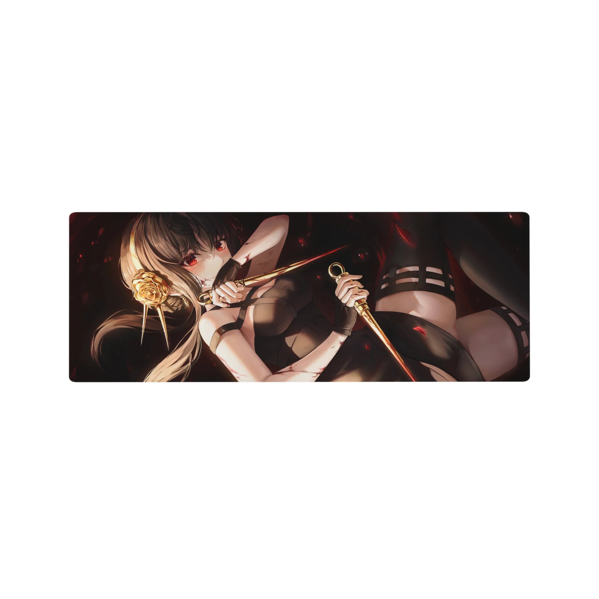 32x12 inches anime girl mouse pad with ash-blonde warrior, twin daggers, gold rose pin on smoky black.
