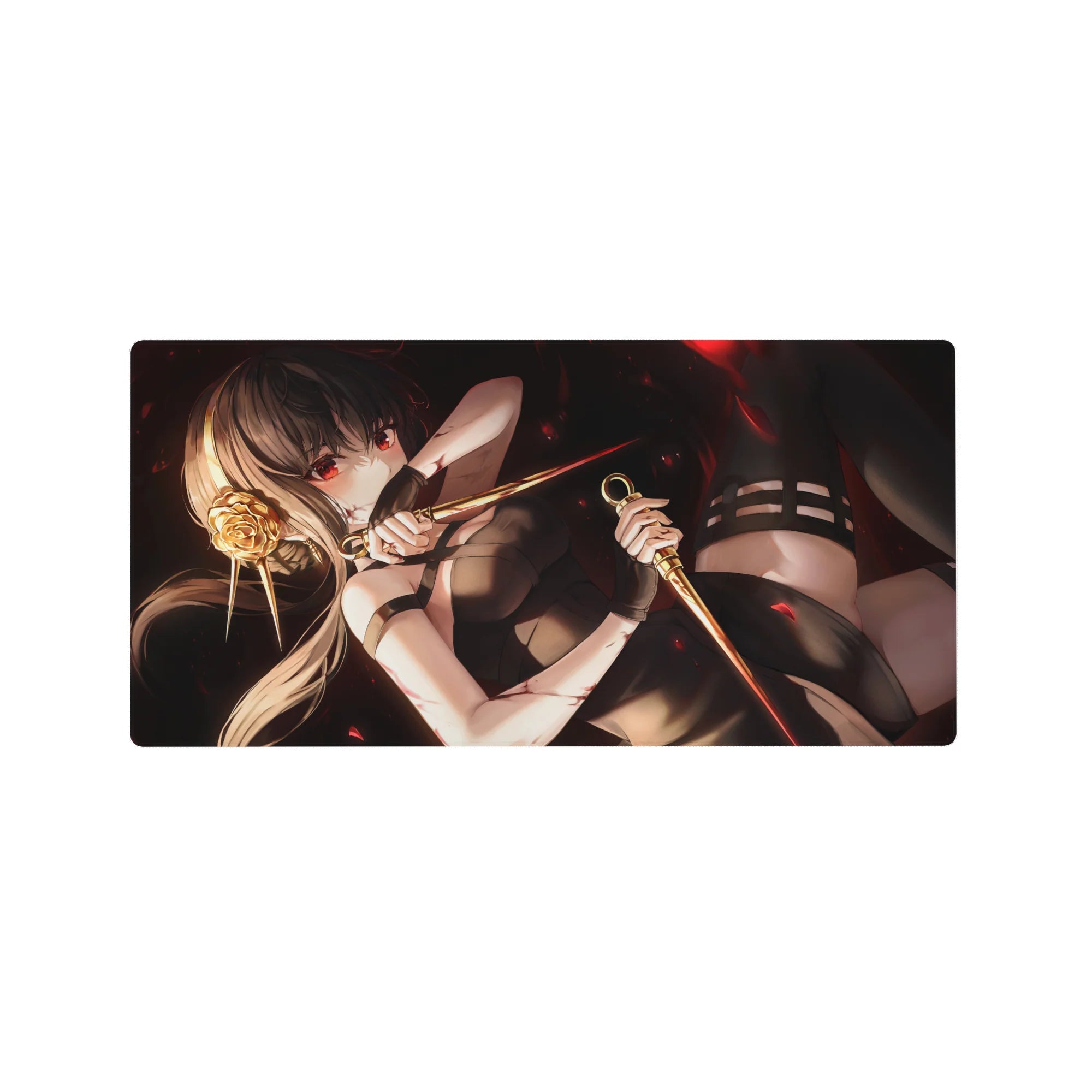 Anime girl mouse pad 32x16 inches with ash-blonde warrior, twin daggers, gold rose pin on smoky black.
