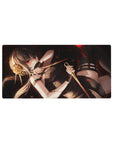 Anime girl mouse pad 32x16 inches with ash-blonde warrior, twin daggers, gold rose pin on smoky black.
