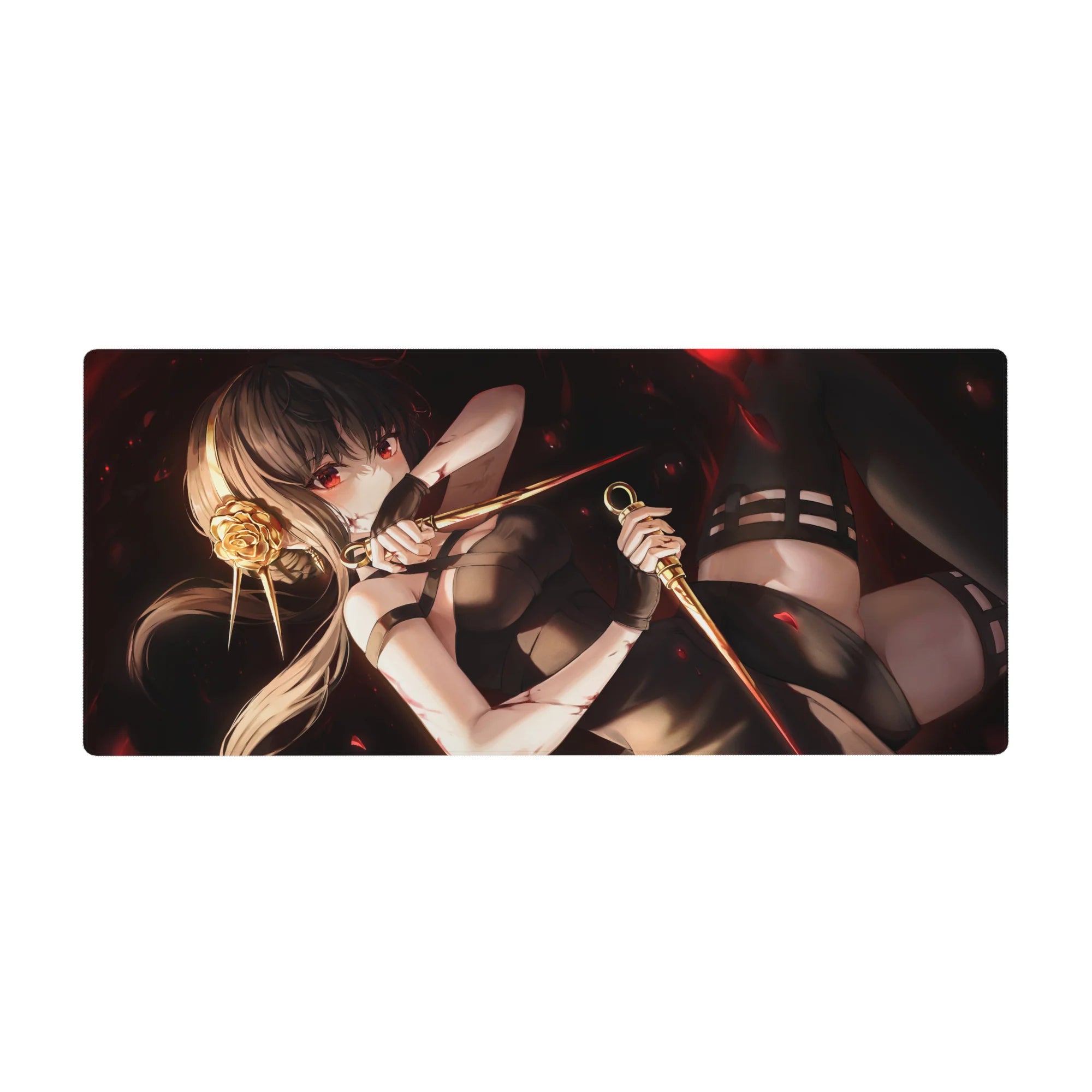 Anime girl desk pad 36x16 inches with smoky black backdrop, ash-blonde ponytail, twin daggers, red petals.