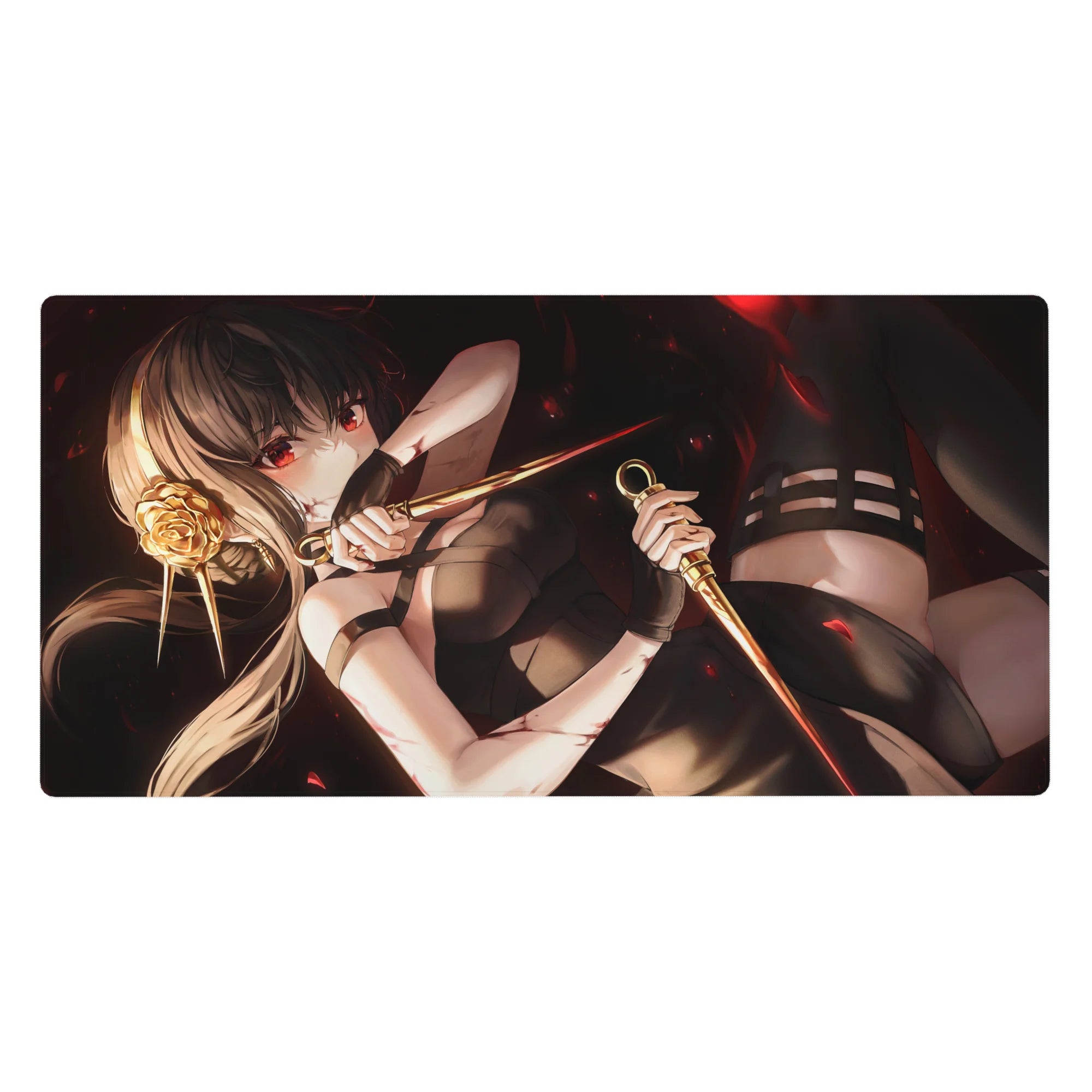 Anime girl desk pad 40x20 inches with ash-blonde fighter, twin daggers, gold rose pin, red petals.