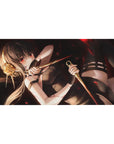 Anime girl desk pad 40x20 inches with ash-blonde fighter, twin daggers, gold rose pin, red petals.