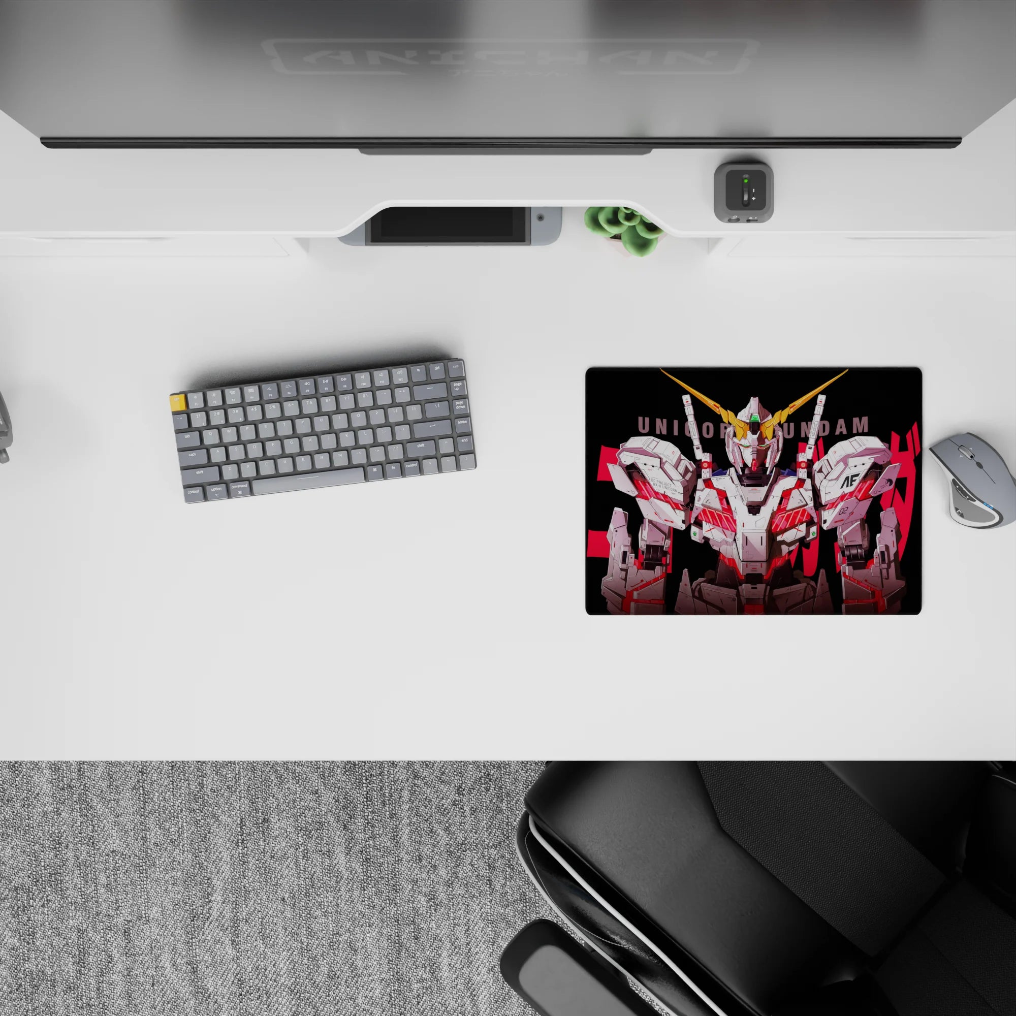 Black backdrop anime mouse pad 14x10 inches with white armor panels, hot red accents, sharp linework.
