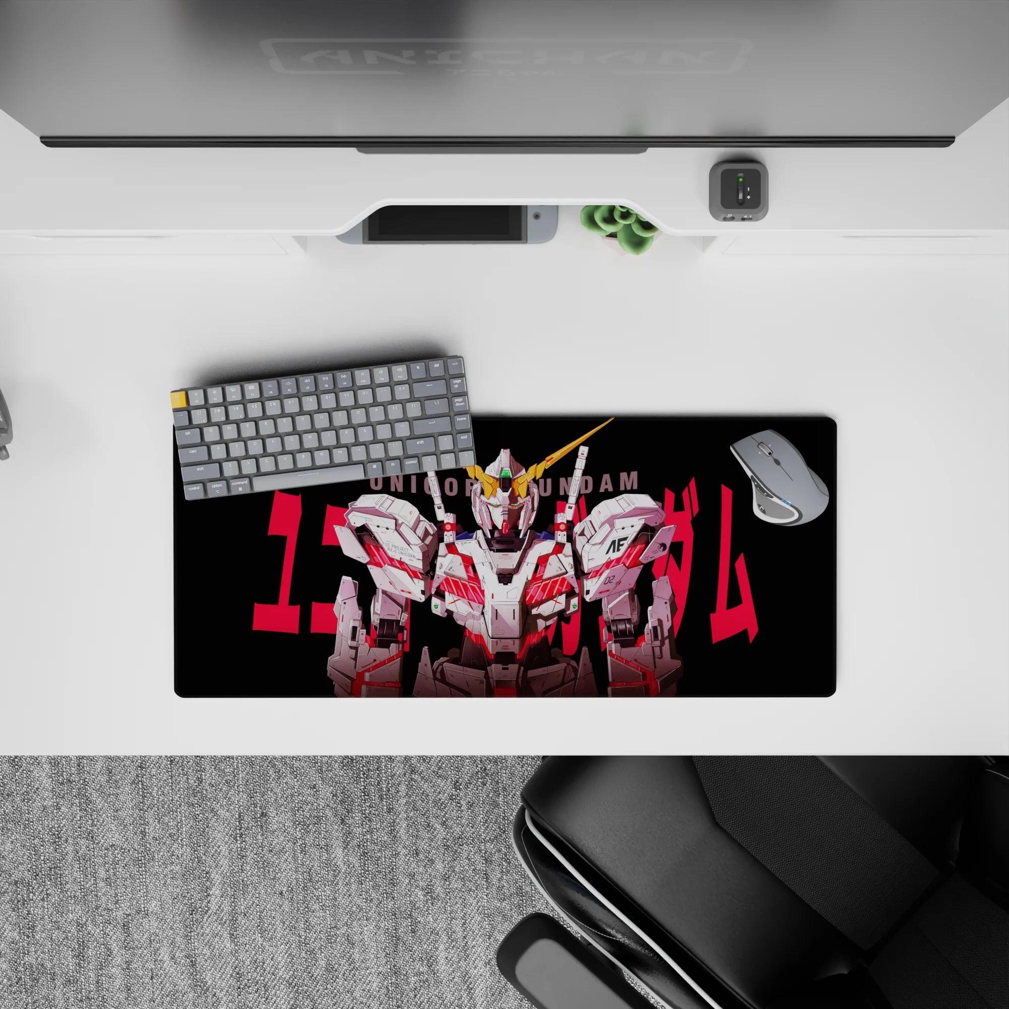 Anime mouse pad 28x12 inches in high-contrast white armor on deep black, slashed with hot red details.