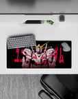 Anime mouse pad 28x12 inches in high-contrast white armor on deep black, slashed with hot red details.