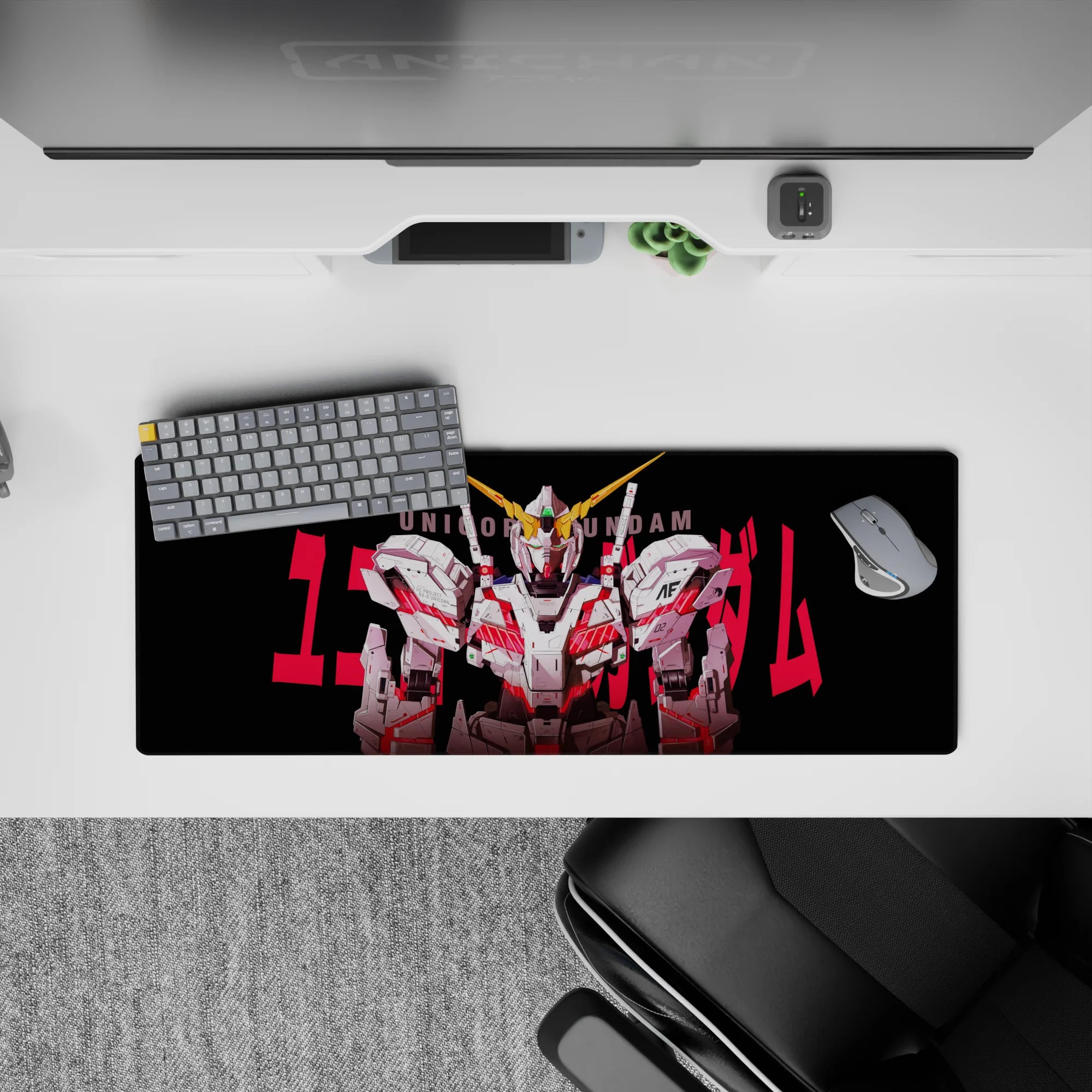 Black-and-white anime mouse pad 32x12 inches with hot red accents and sharp mechanical linework.