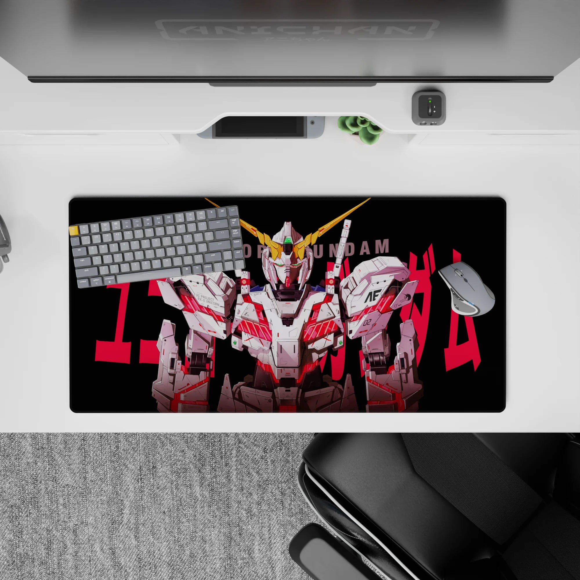 32x16 inches anime mouse pad in white armor on deep black with hot red accents, sharp mechanical lines.