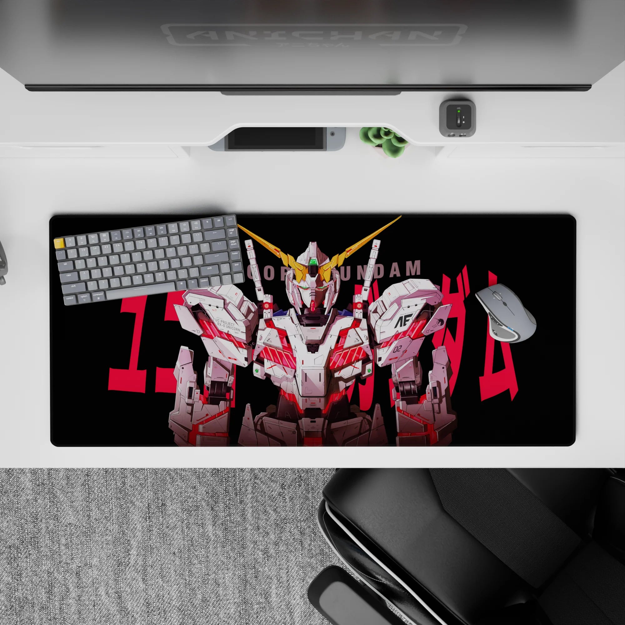 36x16 inches anime mouse pad in stark white armor on deep black with hot red accents, sharp mech lines.