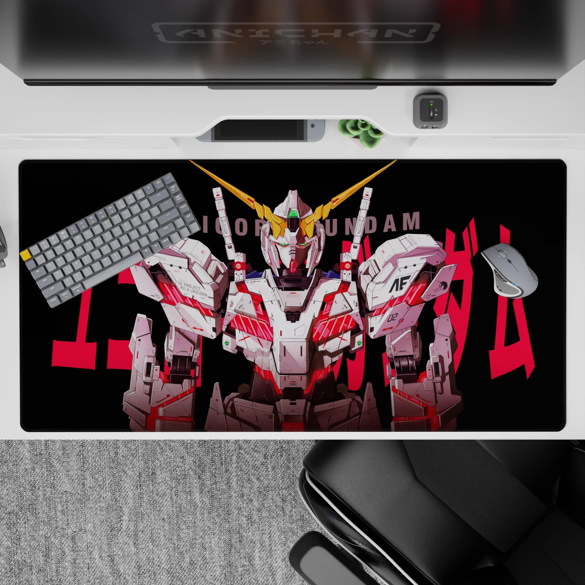 Anime desk pad 40x20 inches in white armor on deep black with hot red accents, sharp mech linework.