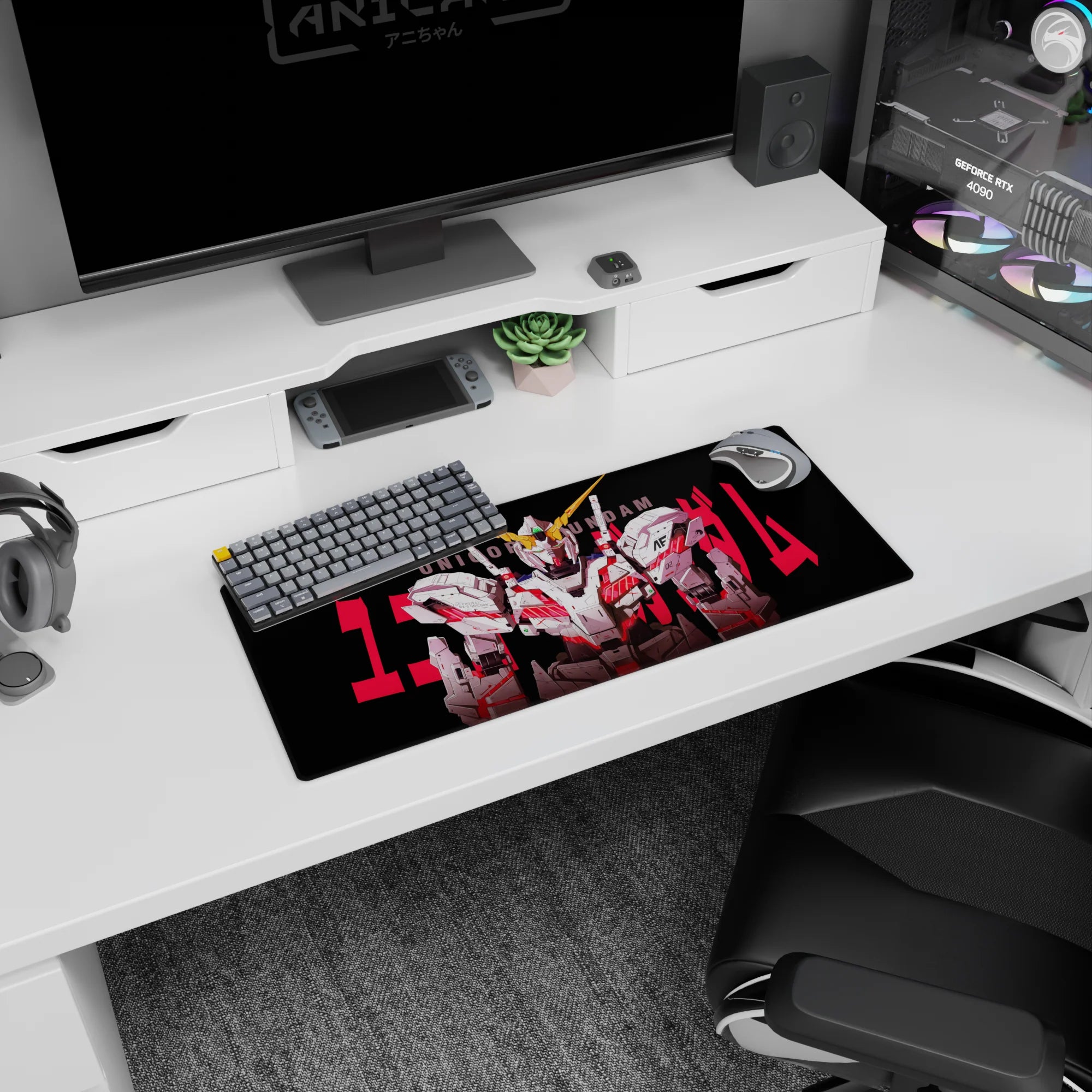 Mobile Suit Gundam Unicorn RX-0 Unicorn Gundam anime mouse pad 28x12 inches, front pose with UNICORN text.