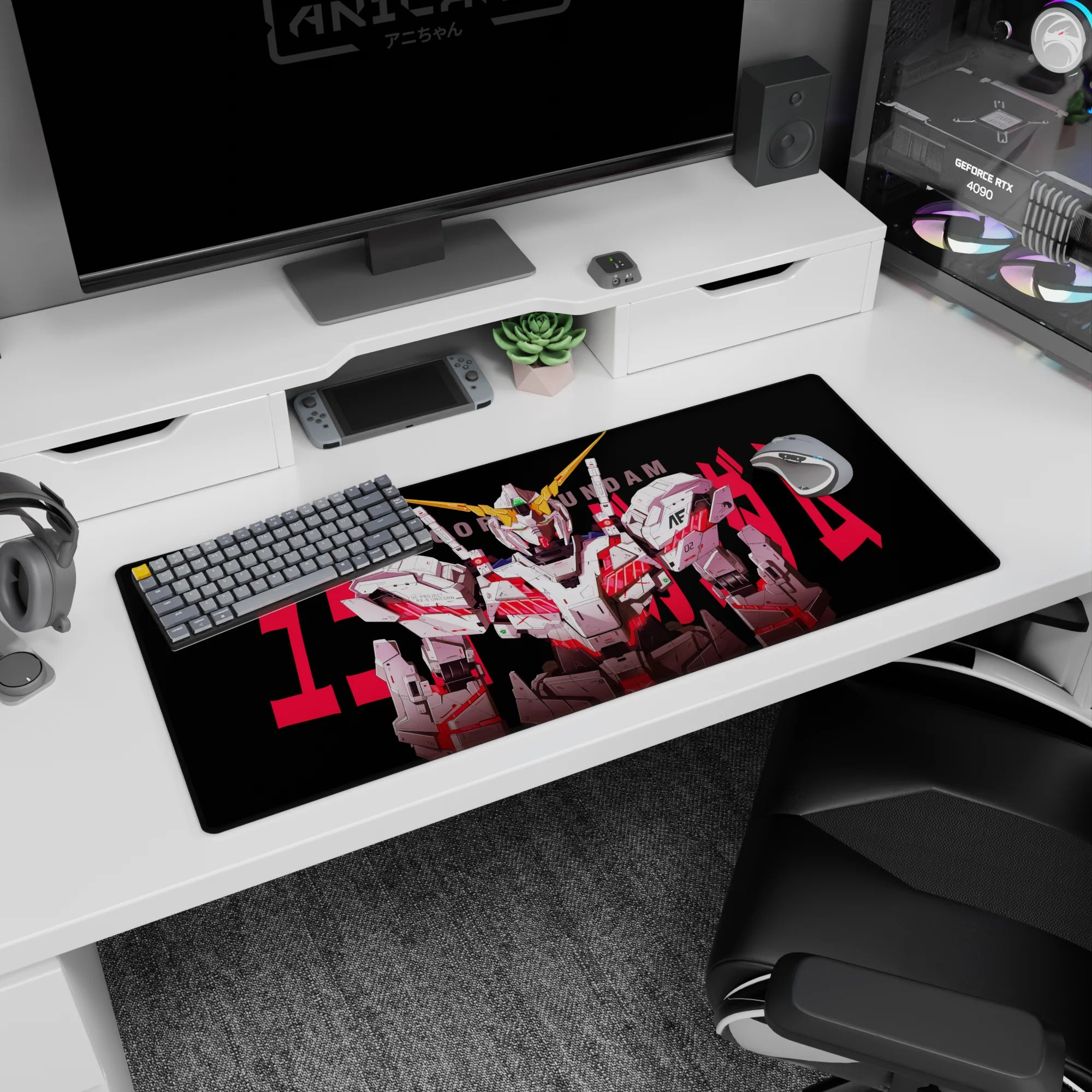 36x16 inches desk pad featuring RX-0 Unicorn Gundam front-facing, jagged red lettering on black background.