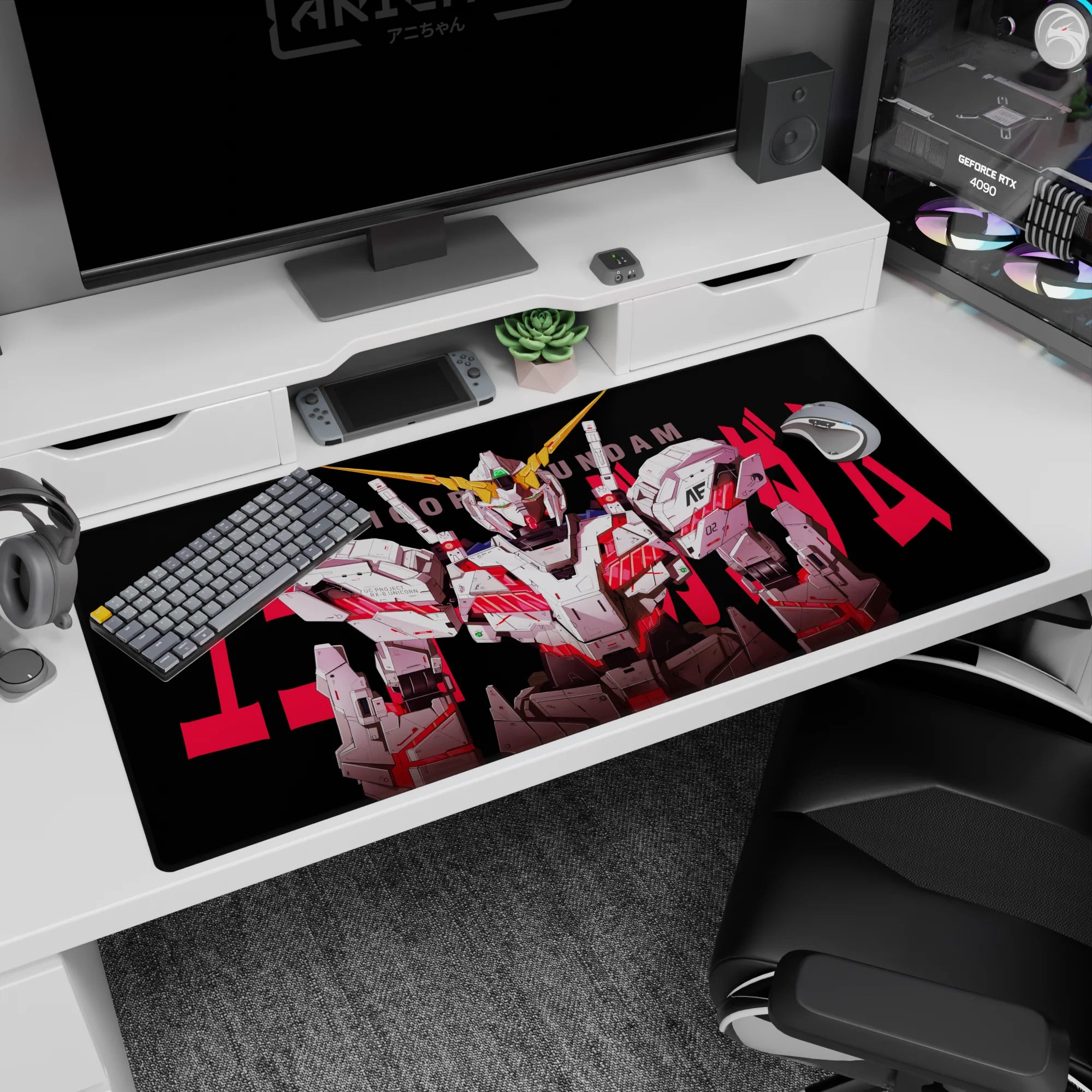 RX-0 Unicorn Gundam staring forward on an anime desk pad 40x20 inches, bold UNICORN text and red slashes.
