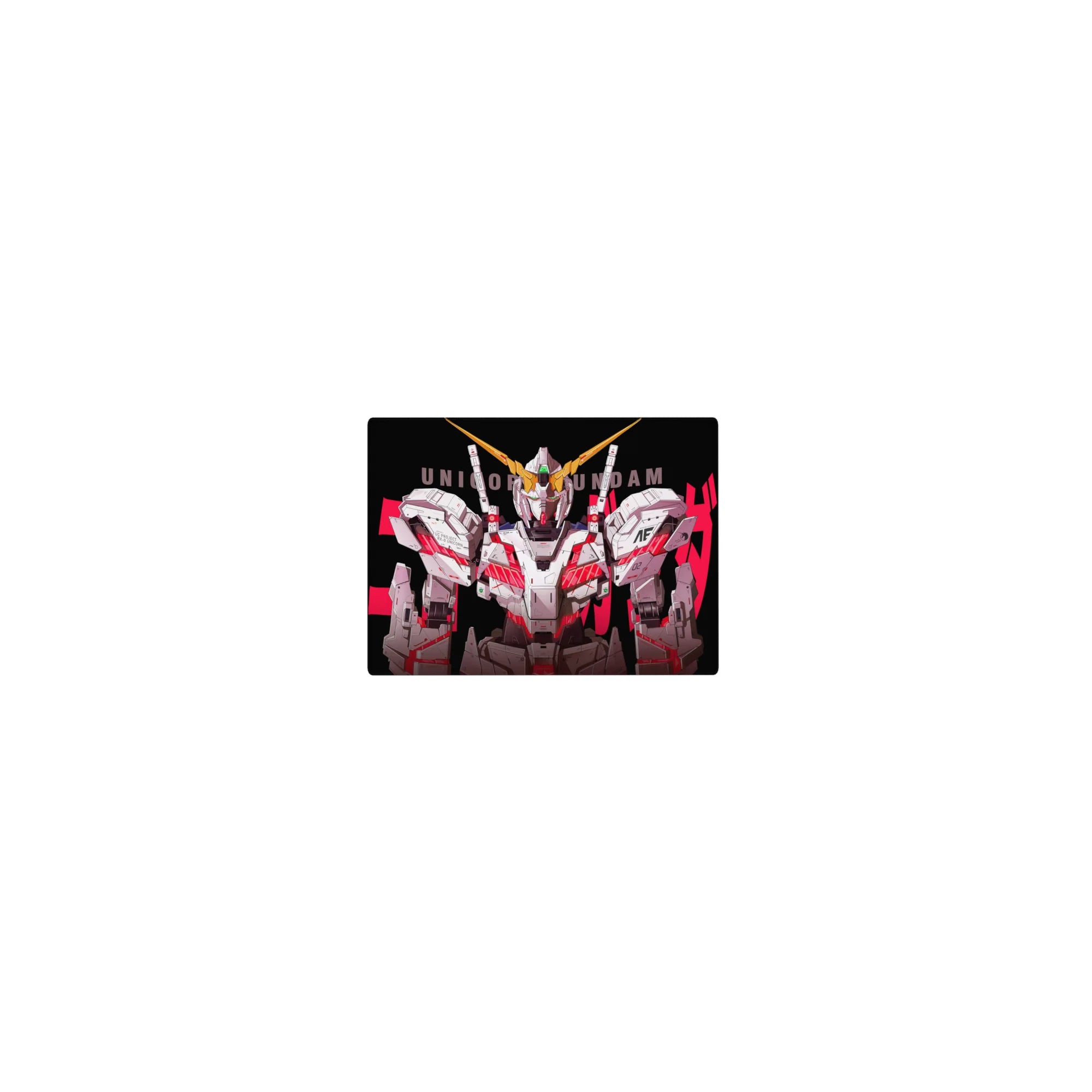Classic anime mouse pad 14x10 inches with bold front-facing mech, UNICORN text, poster-style layout.