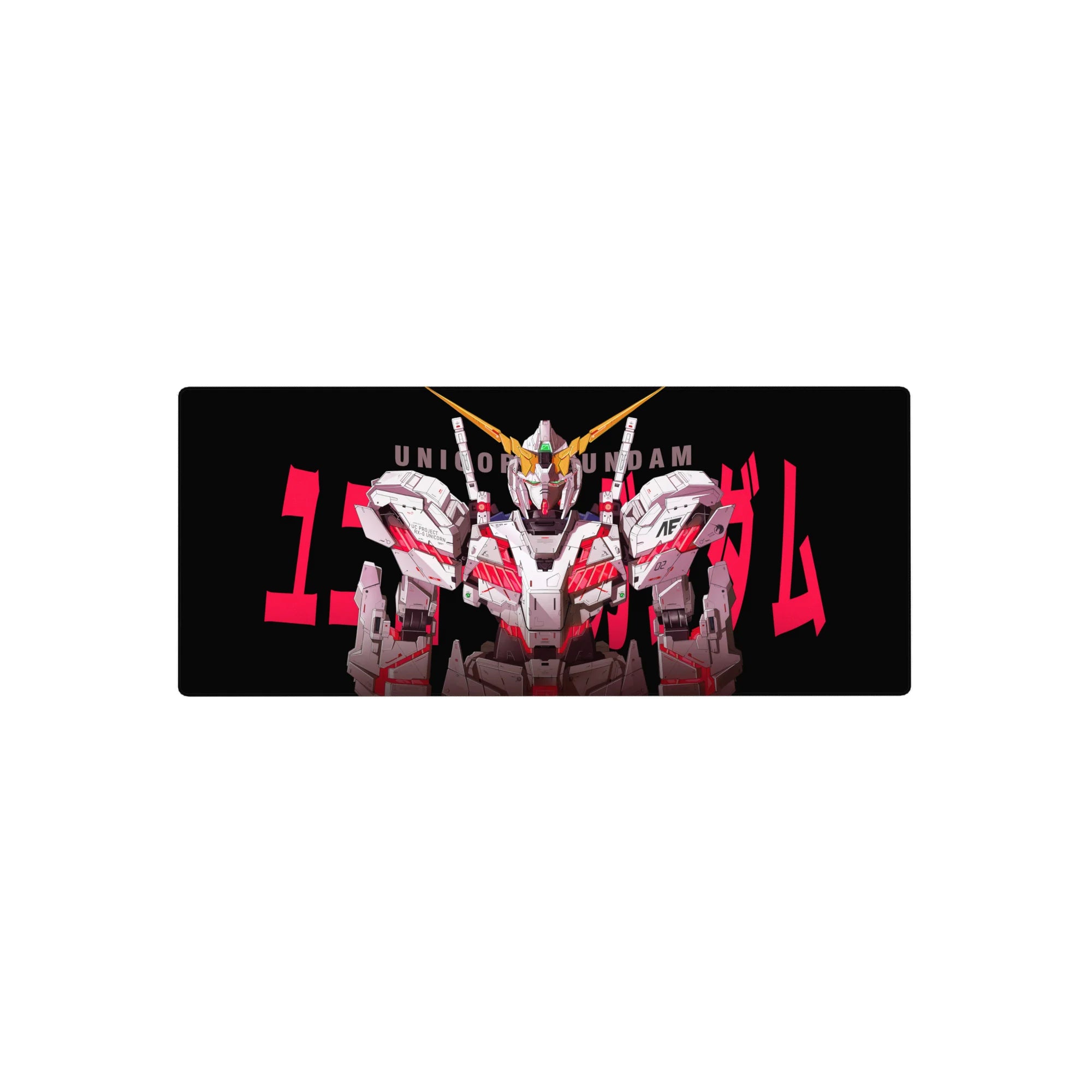 Anime mouse pad 28x12 inches with bold front-facing mecha poster design on black with red accents.