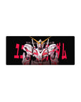 Anime mouse pad 28x12 inches with bold front-facing mecha poster design on black with red accents.