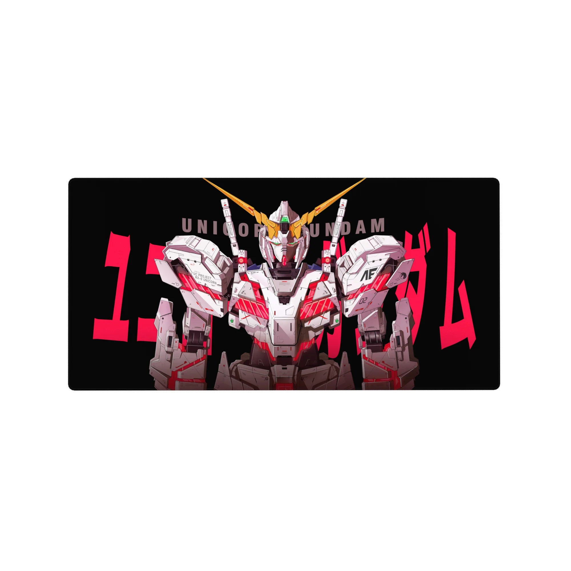 32x16 inches anime mouse pad with bold RX-0 Unicorn Gundam poster-style front pose on black.