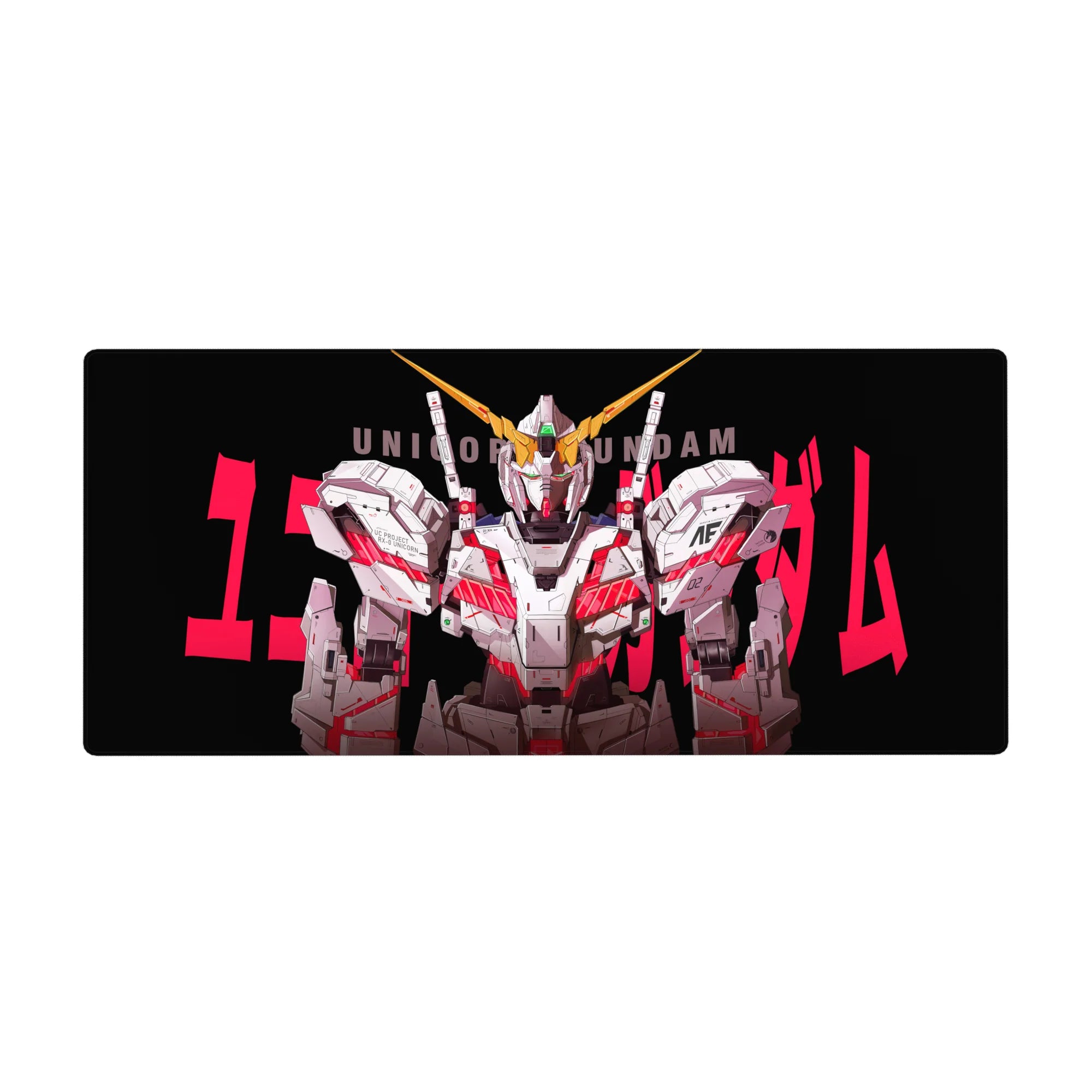 36x16 inches anime desk pad with Unicorn Gundam front pose, bold UNICORN text, black poster-style art.