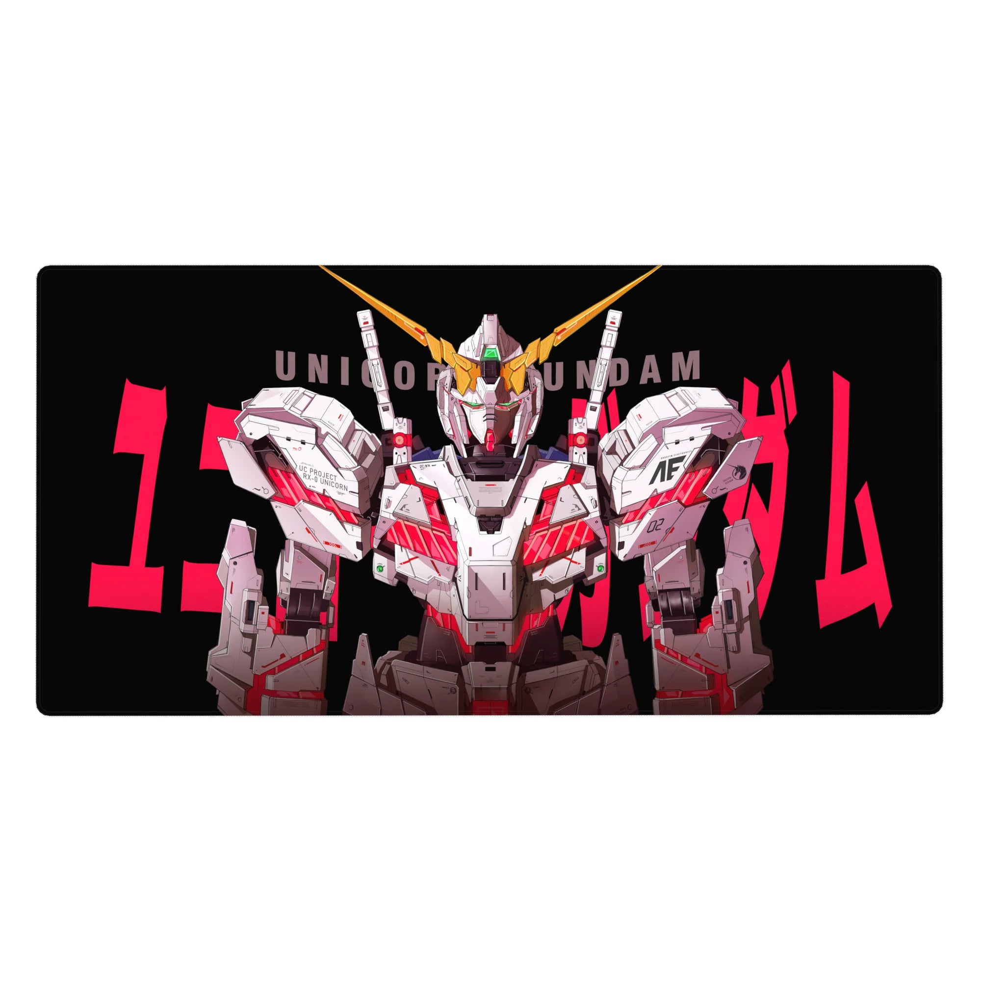 Mobile Suit Gundam Unicorn desk pad 40x20 inches with RX-0 Unicorn front pose on black poster style.