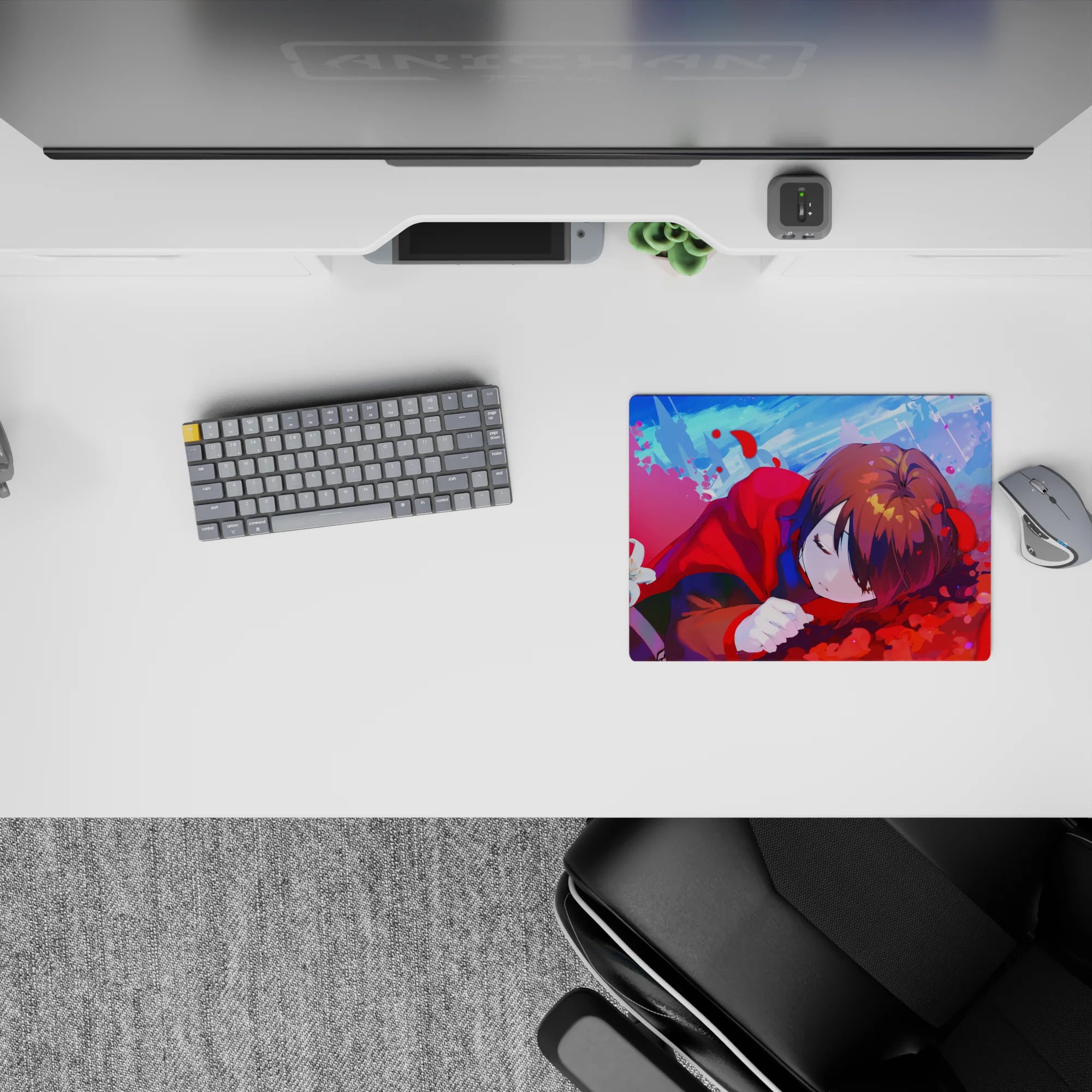 Candy blue and hot pink sky tones on a 14x10 inches anime mouse pad, soft dreamy vibe for calm clicks.