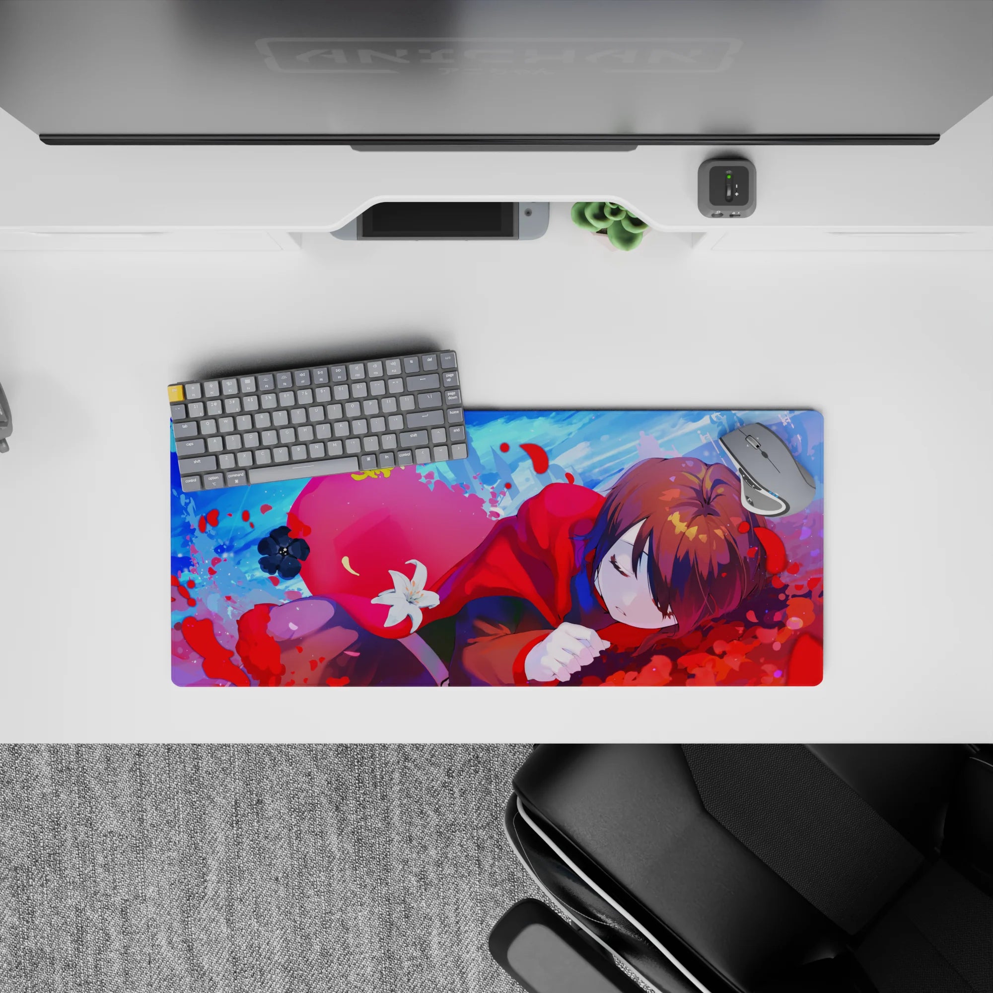 Candy blue and hot pink sky anime mouse pad 28x12 inches, dreamy calm vibe for gaming desk.