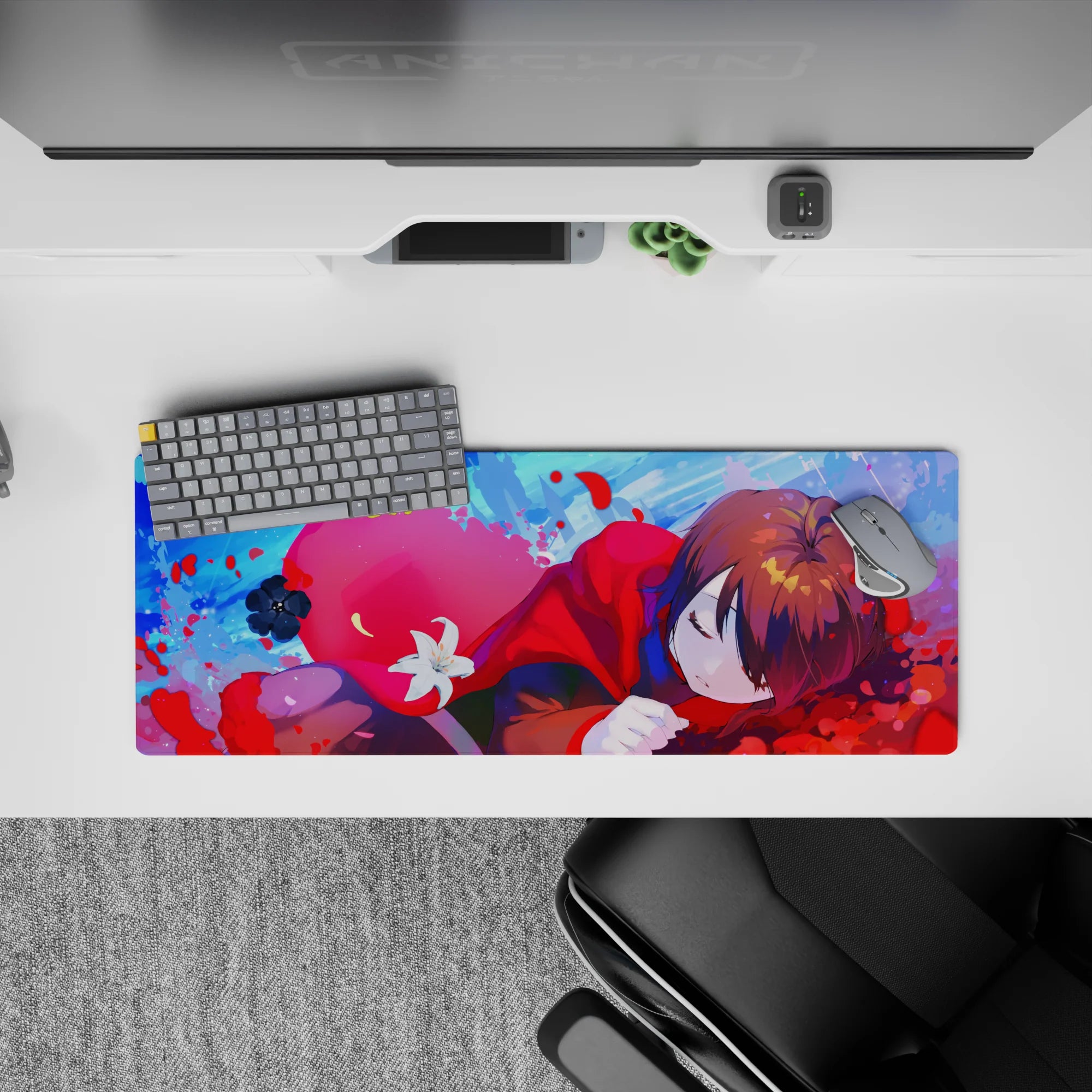 32x12 inches anime mouse pad in candy blues and hot pink sky tones, dreamy calm vibe for gaming.