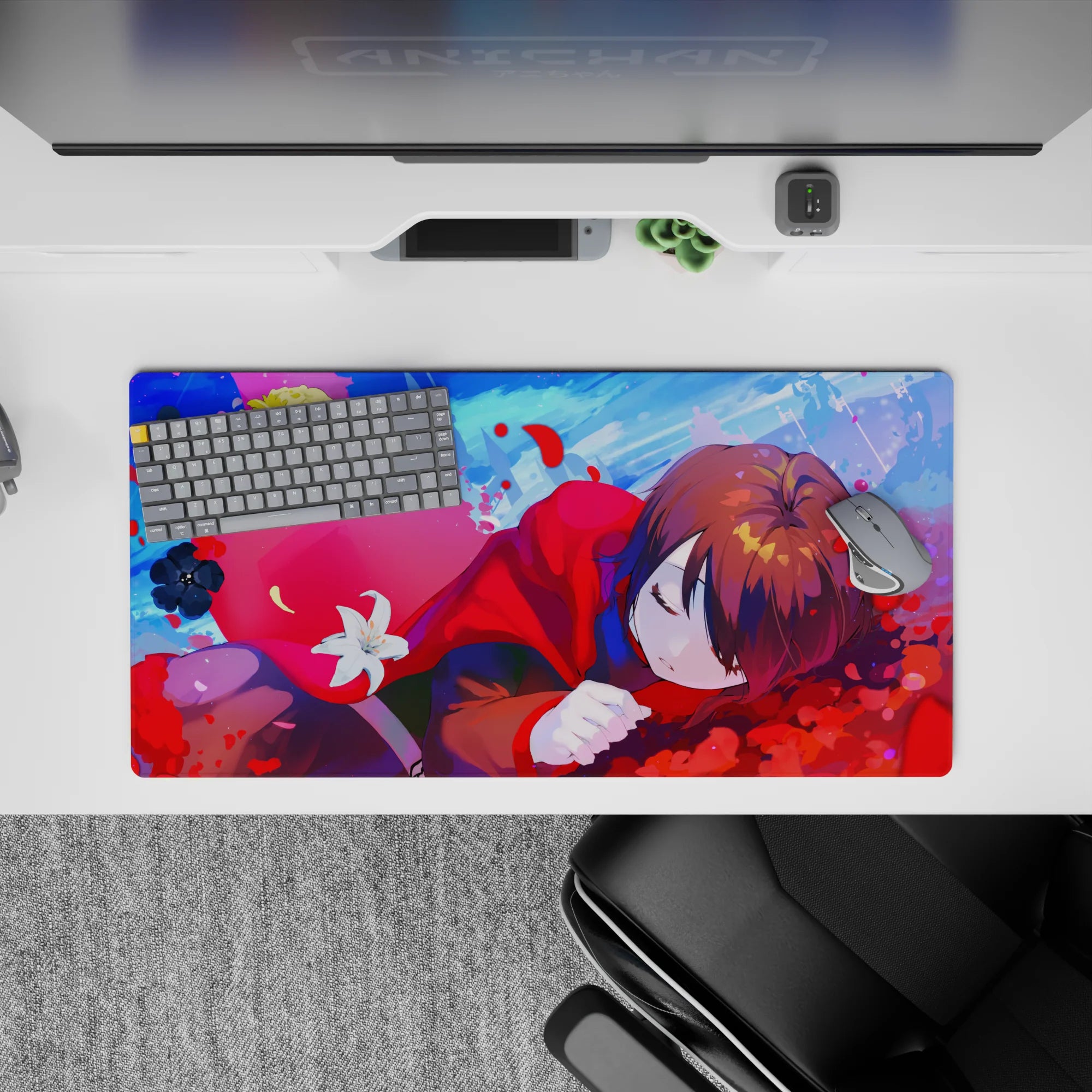 32x16 inches kawaii mouse pad in candy blues and hot pink sky tones, soft dreamy vibe for calm clicking.