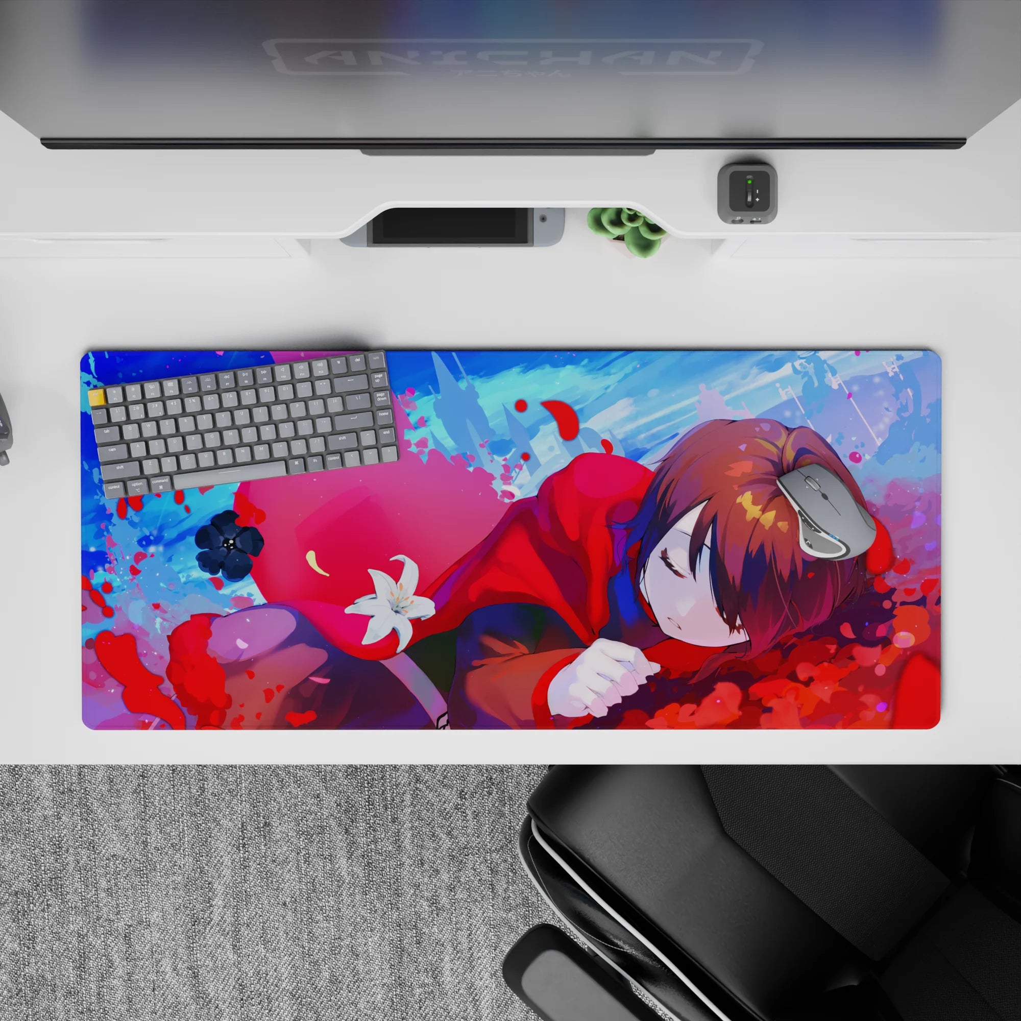 Candy blue and hot pink sky anime desk pad 36x16 inches, dreamy calm vibe with soft petals.