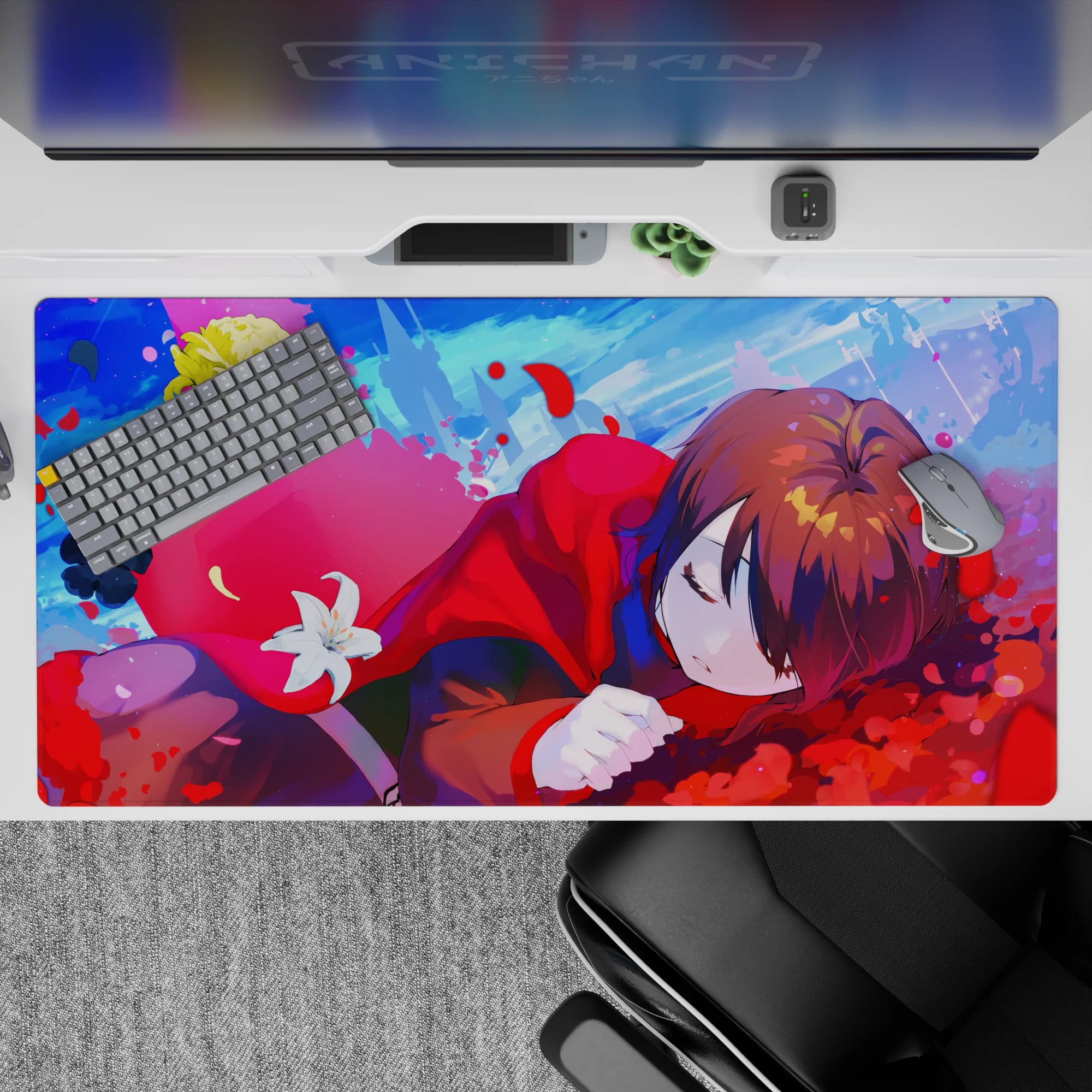 Cute pastel anime desk pad 40x20 inches in candy blues and hot pink skies for a calm dreamy vibe.
