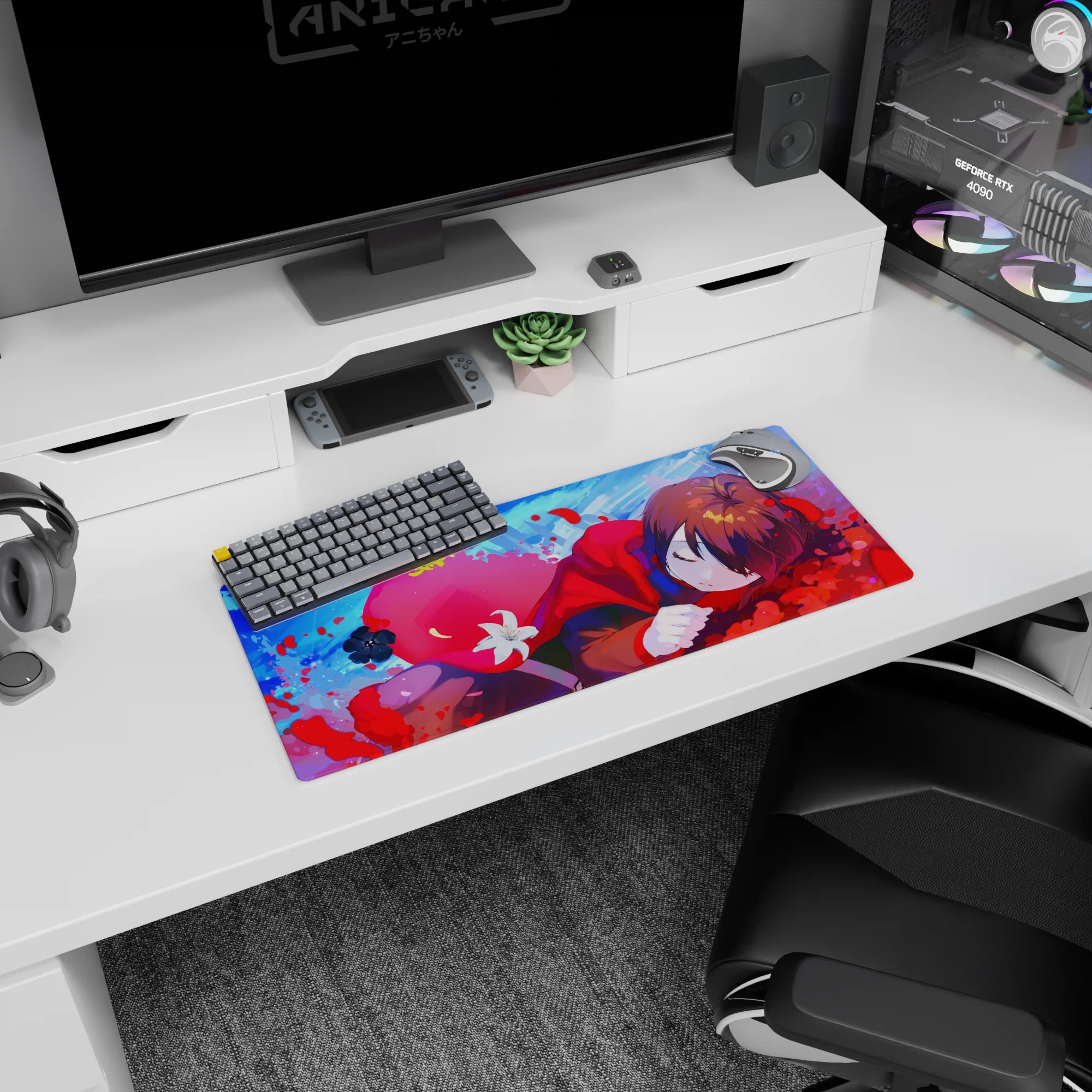 Sleepy brown-haired anime girl curled up on a mouse pad 28x12 inches in a red hoodie scene.