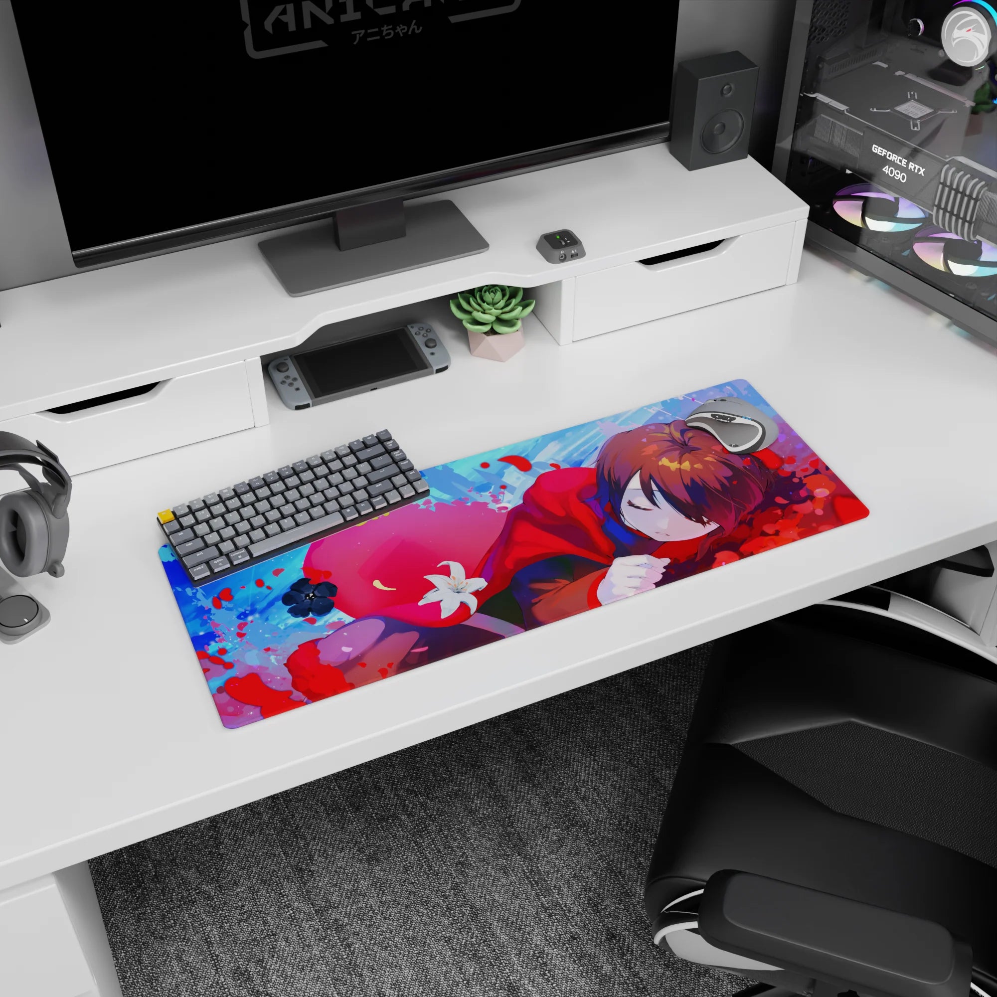 32x12 inches desk mat featuring a sleepy brown-haired anime girl curled up in a red hoodie scene.