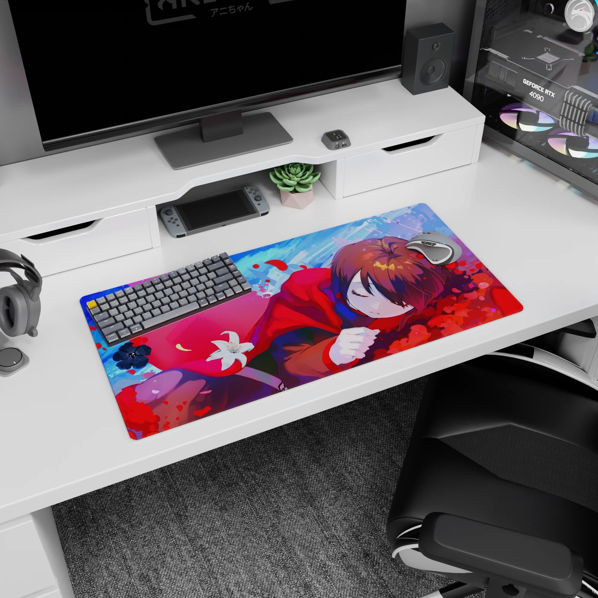 32x16 inches anime mouse pad featuring a brown-haired girl curled up with sleepy eyes in a cozy red hood.