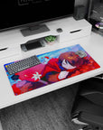 32x16 inches anime mouse pad featuring a brown-haired girl curled up with sleepy eyes in a cozy red hood.